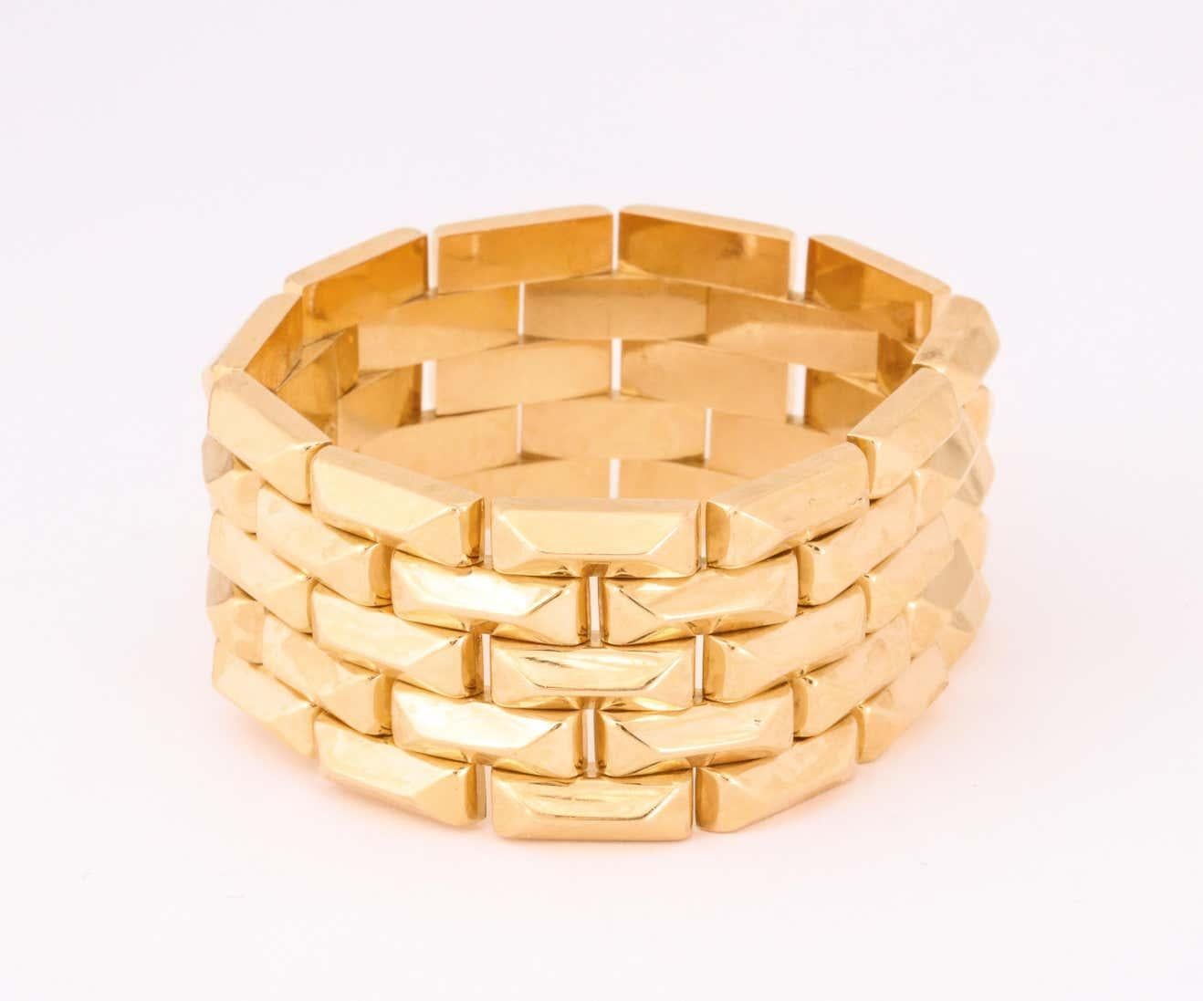 1940's Five Row Pyramid Block Design Flexible Buttery Gold Link Bracelet 1