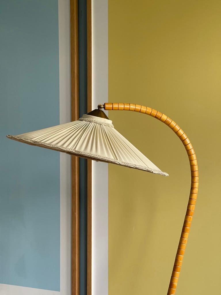 Swedish 1940s Floor Lamp in Elm Tree with Hand Painted Fabric Shade, Attri Josef Frank For Sale