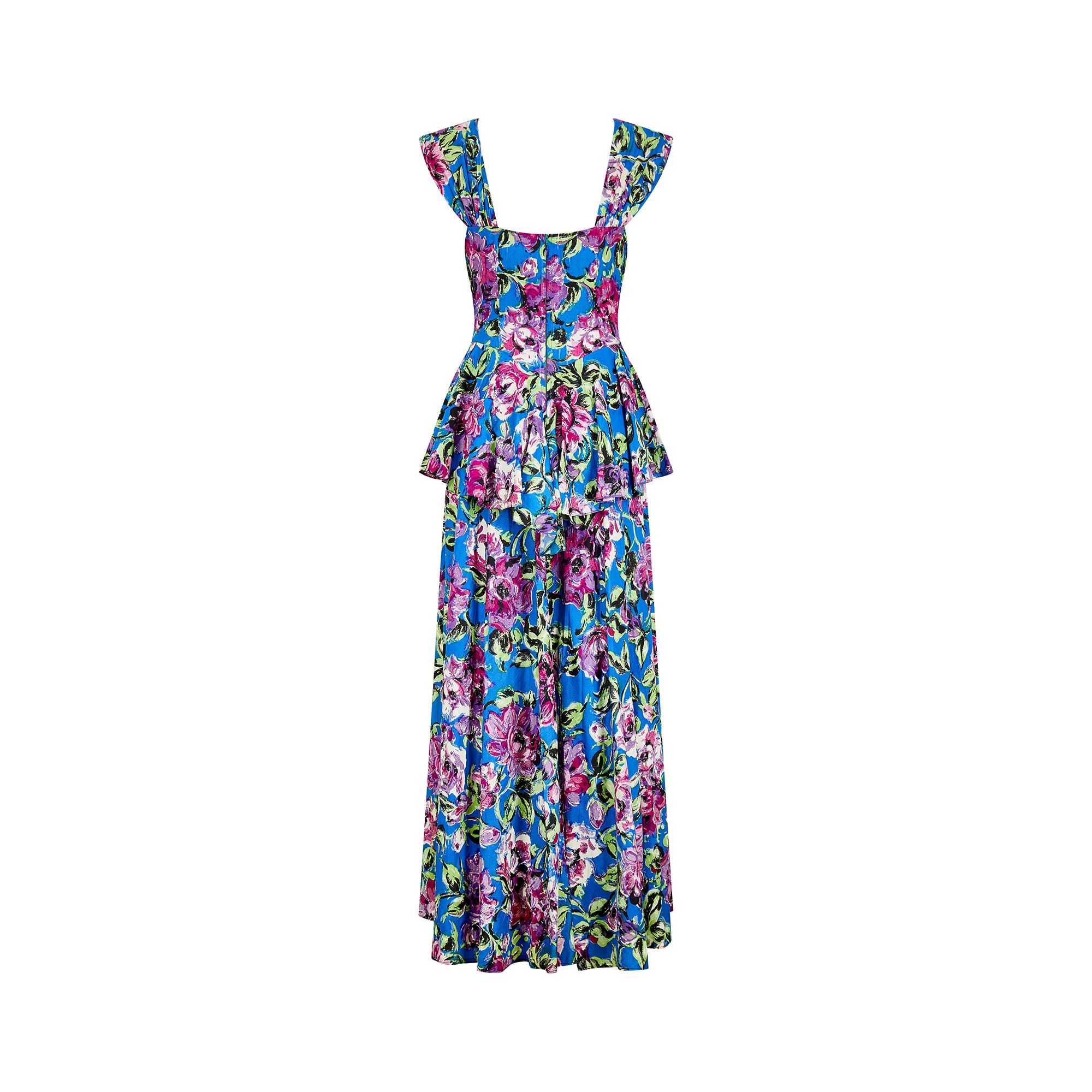 1940s Floral Crepe Peplum Maxi Dress In Excellent Condition For Sale In London, GB