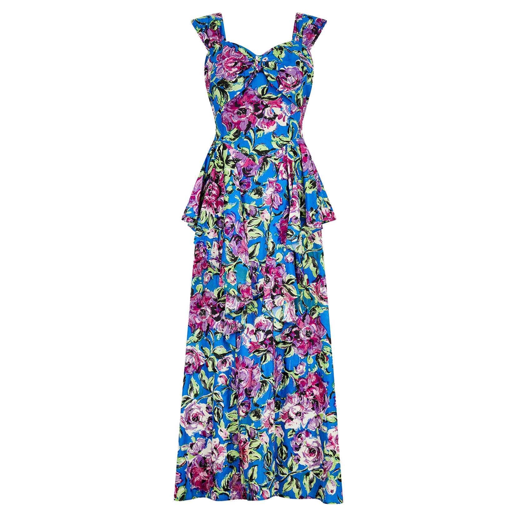 1940s Floral Crepe Peplum Maxi Dress For Sale