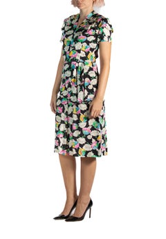 1940S Floral Print Black Silk Crepe De Chine Dress