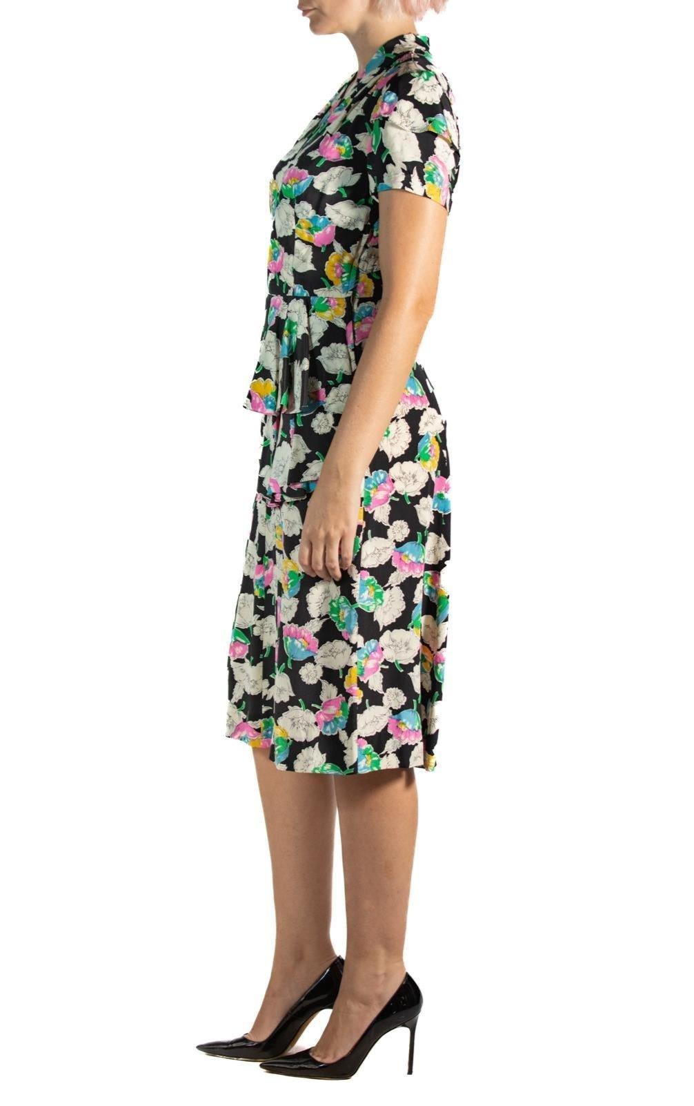 Beige 1940S Floral Print Black Silk Crepe De Chine Dress For Sale