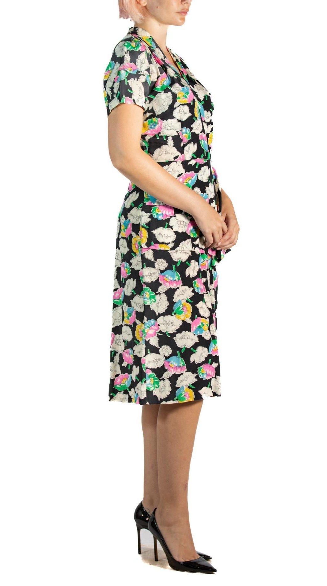 1940S Floral Print Black Silk Crepe De Chine Dress In Excellent Condition For Sale In New York, NY