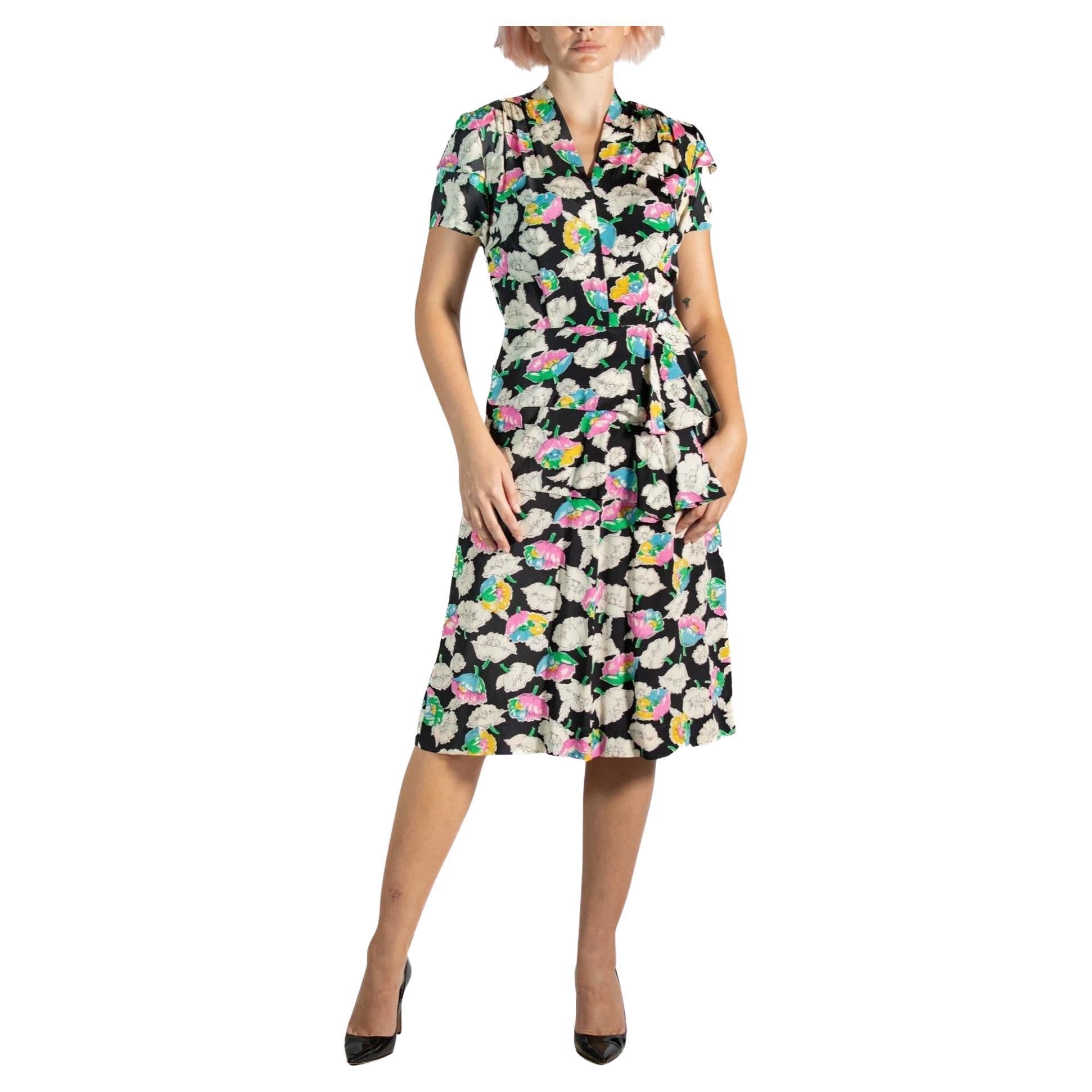 1940S Floral Print Black Silk Crepe De Chine Dress For Sale