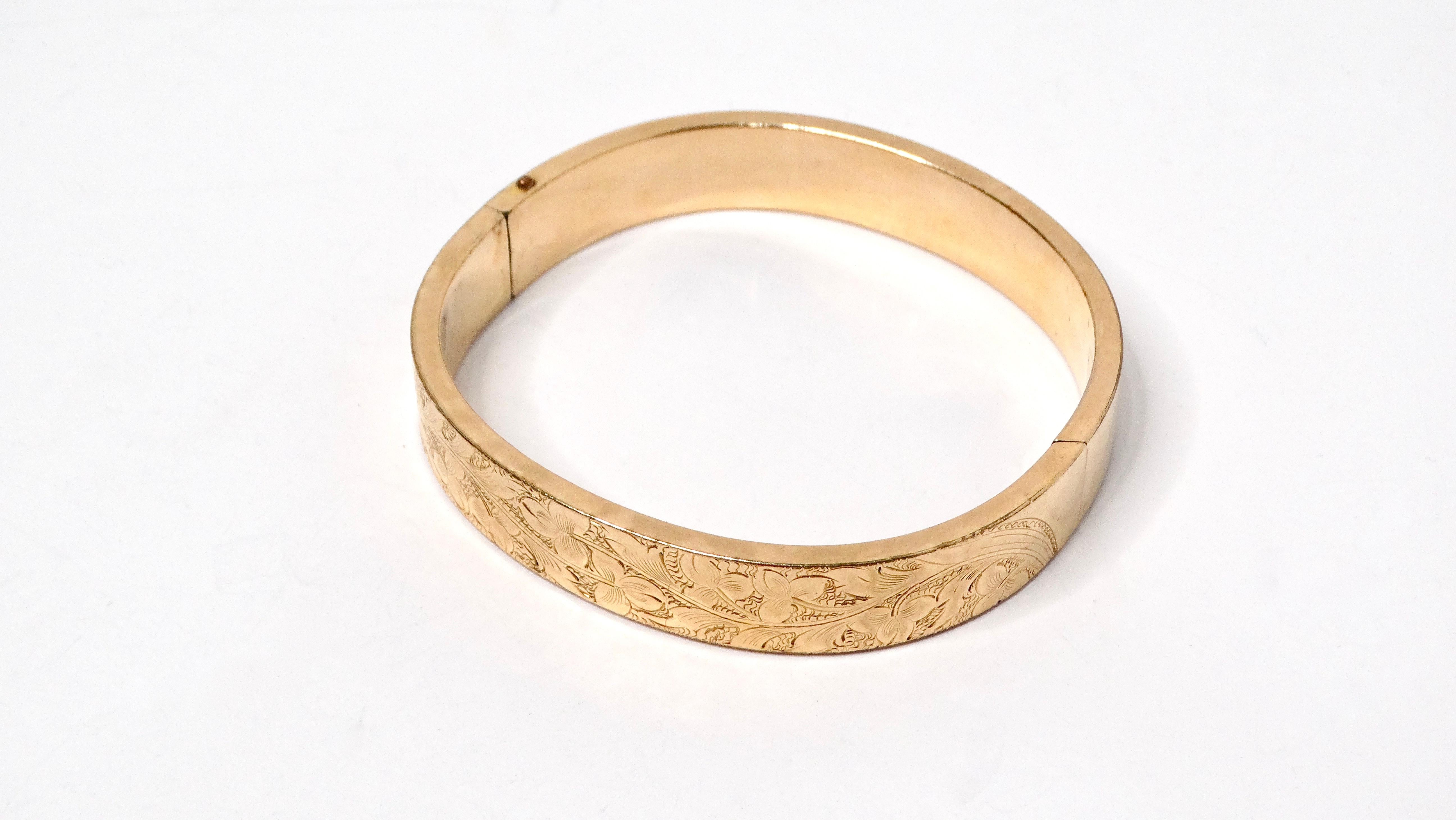 1940s Floral Print Engraved MS & S 14k Gold Shell Bangle In Fair Condition For Sale In Scottsdale, AZ