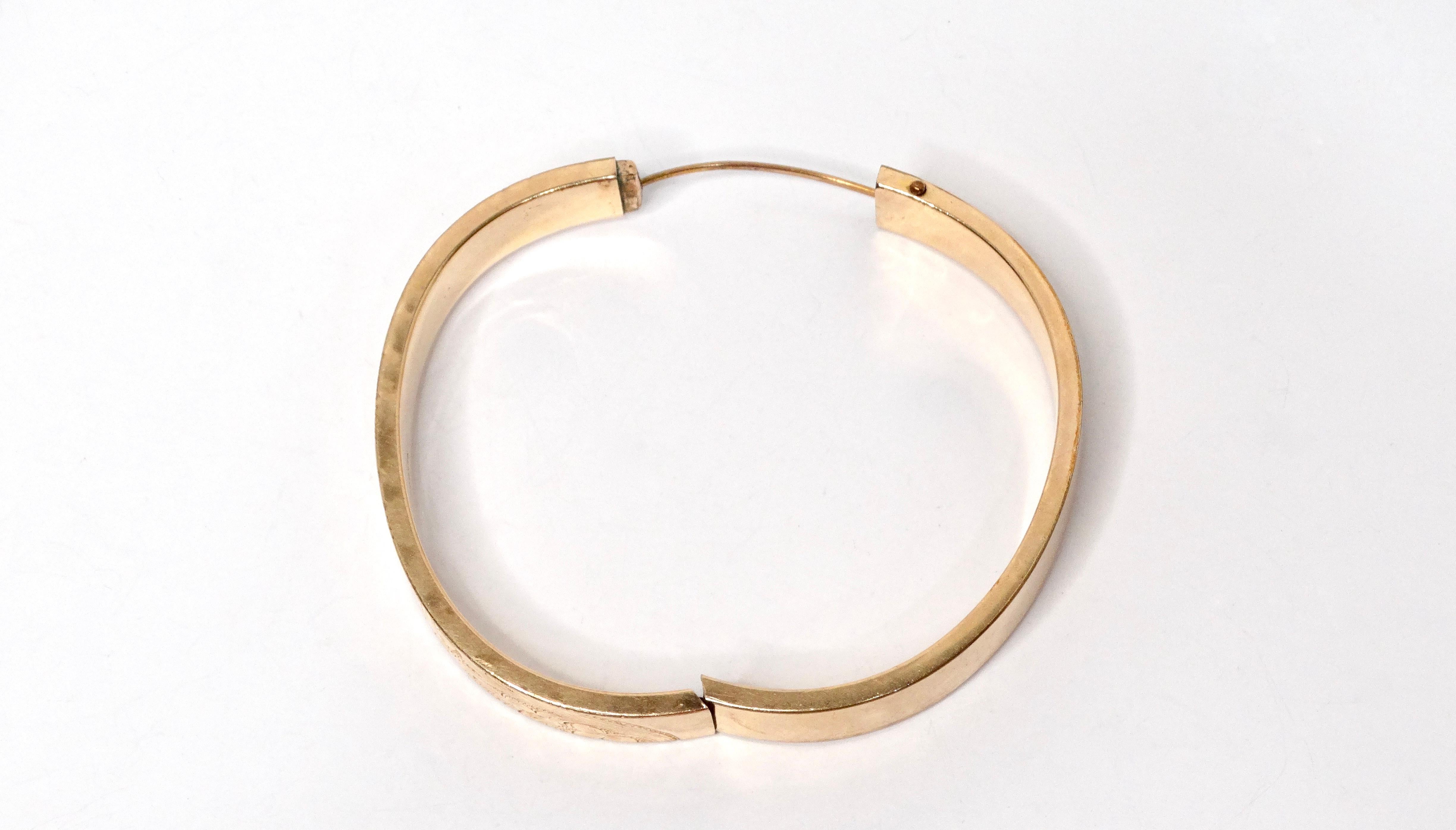 Women's 1940s Floral Print Engraved MS & S 14k Gold Shell Bangle For Sale