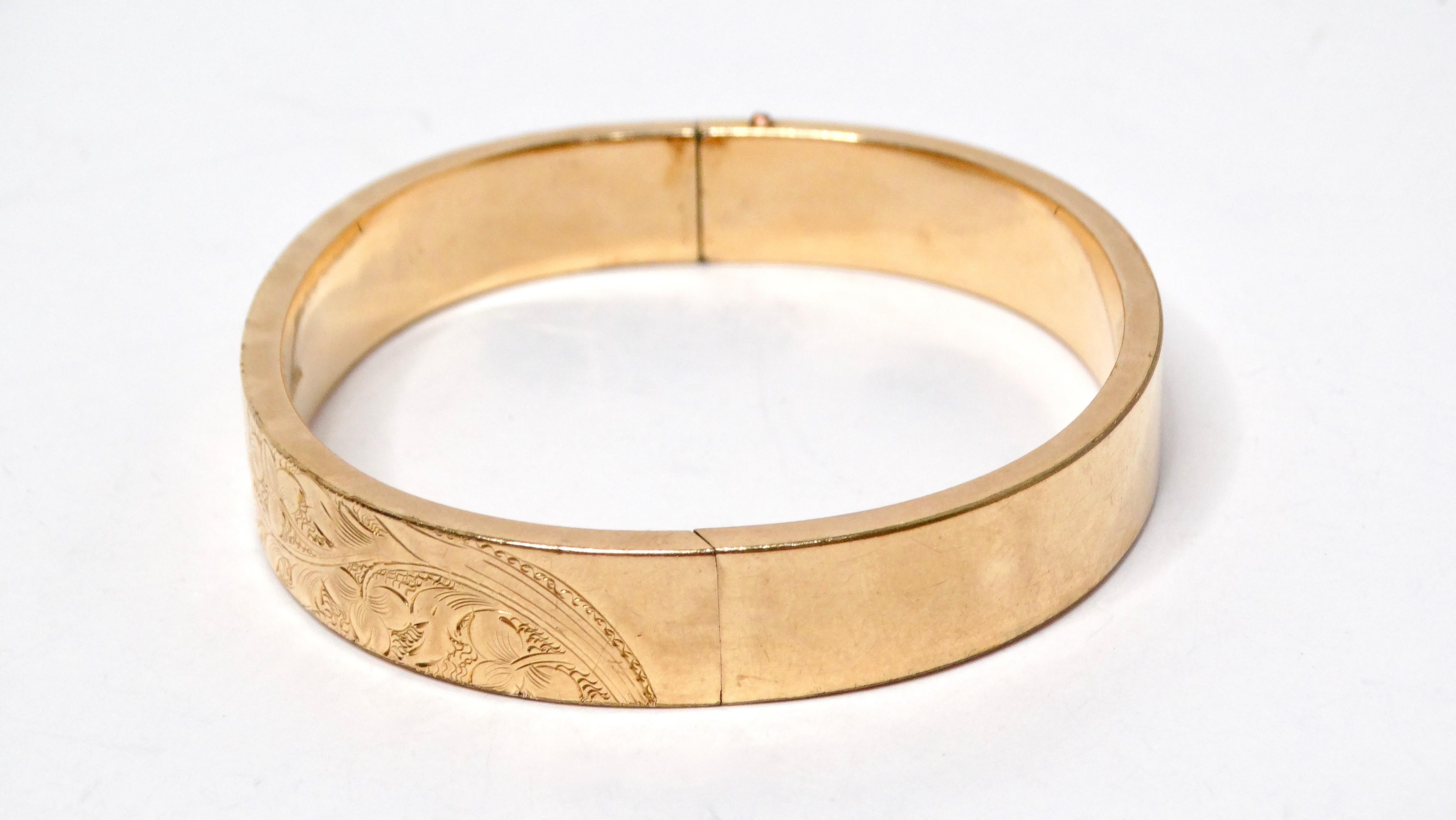 1940s Floral Print Engraved MS & S 14k Gold Shell Bangle For Sale 1