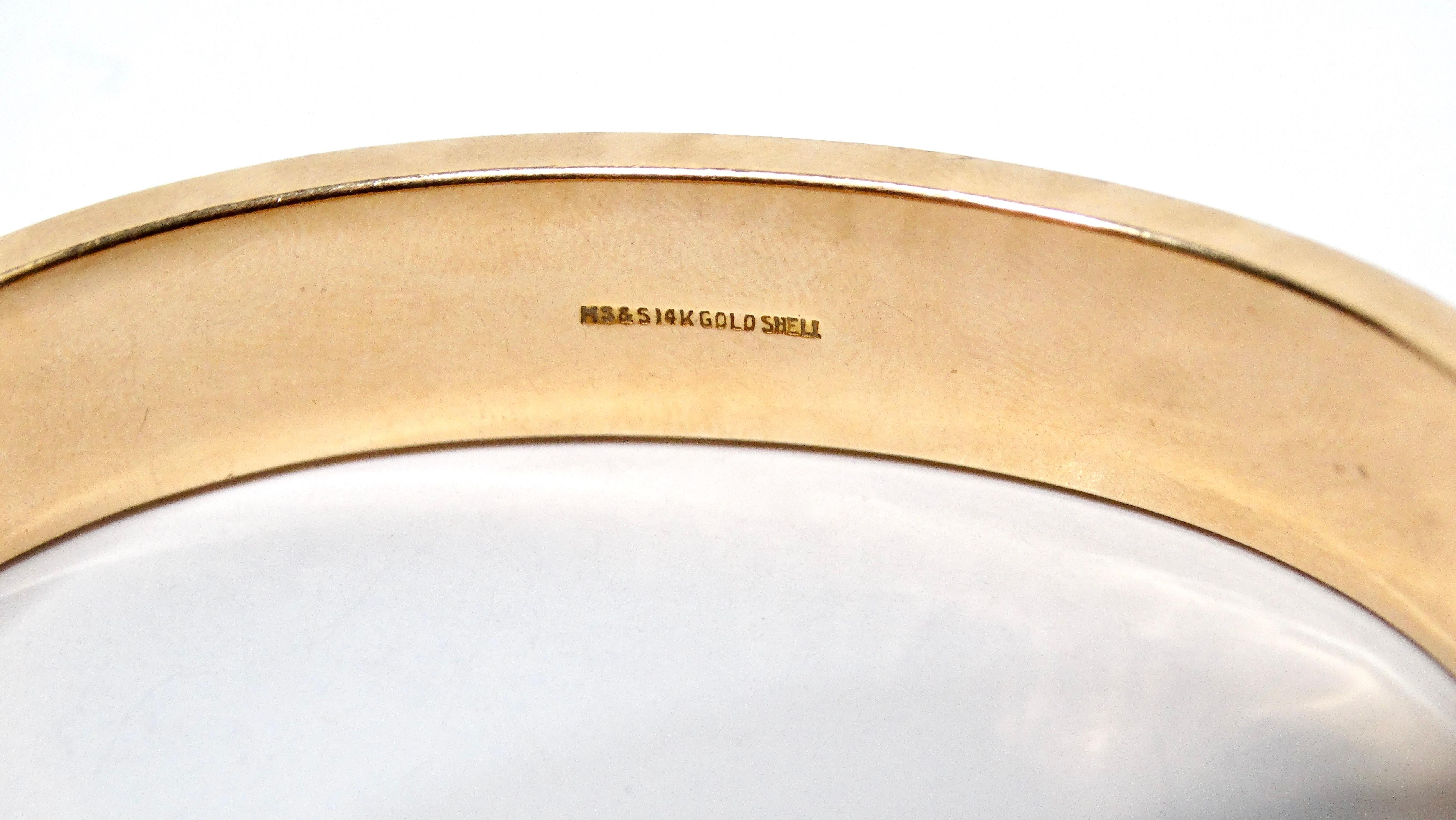 1940s Floral Print Engraved MS & S 14k Gold Shell Bangle For Sale 3