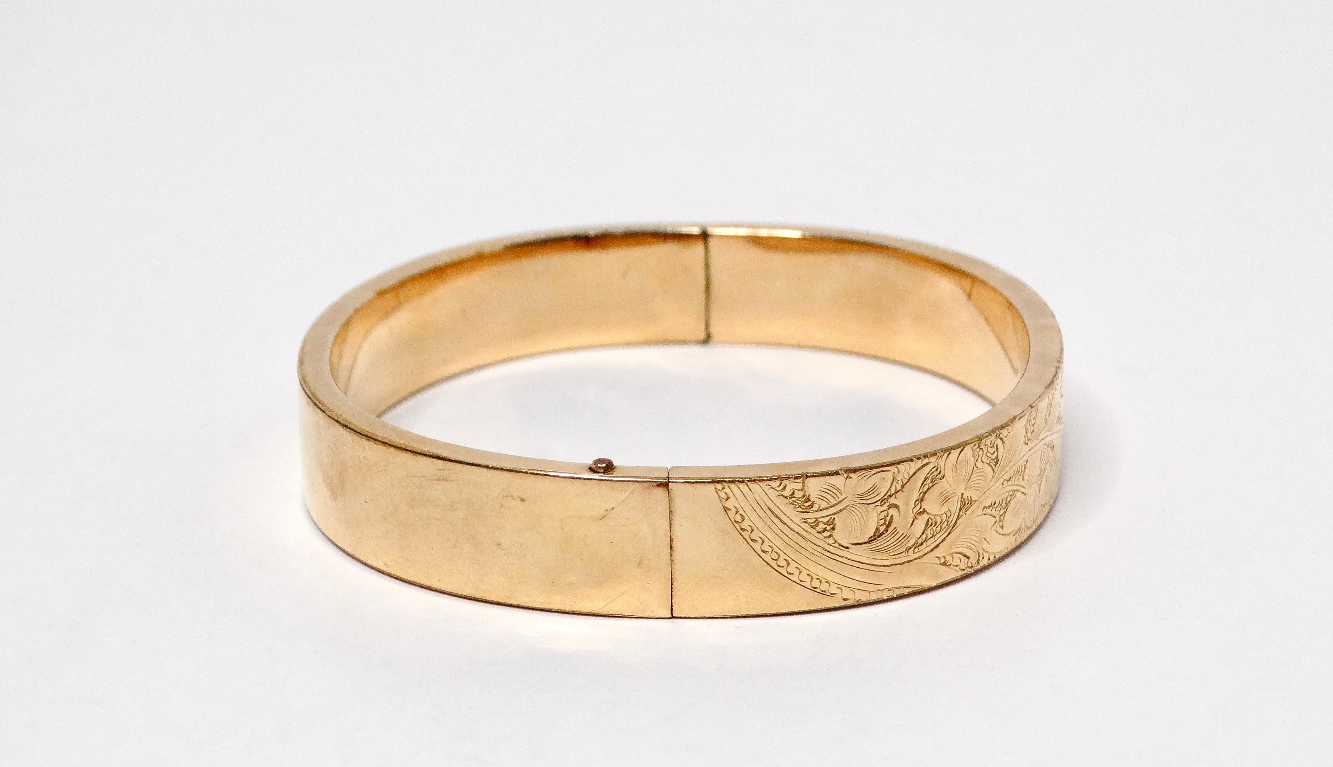 1940s Floral Print Engraved MS & S 14k Gold Shell Bangle For Sale 4