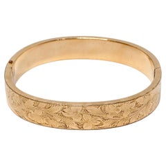 1940s Floral Print Engraved MS & S 14k Gold Shell Bangle