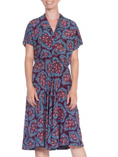 1940'S Purple & Blue Rayon Floral Printed Shirt Dress With Bias Cut Skirt