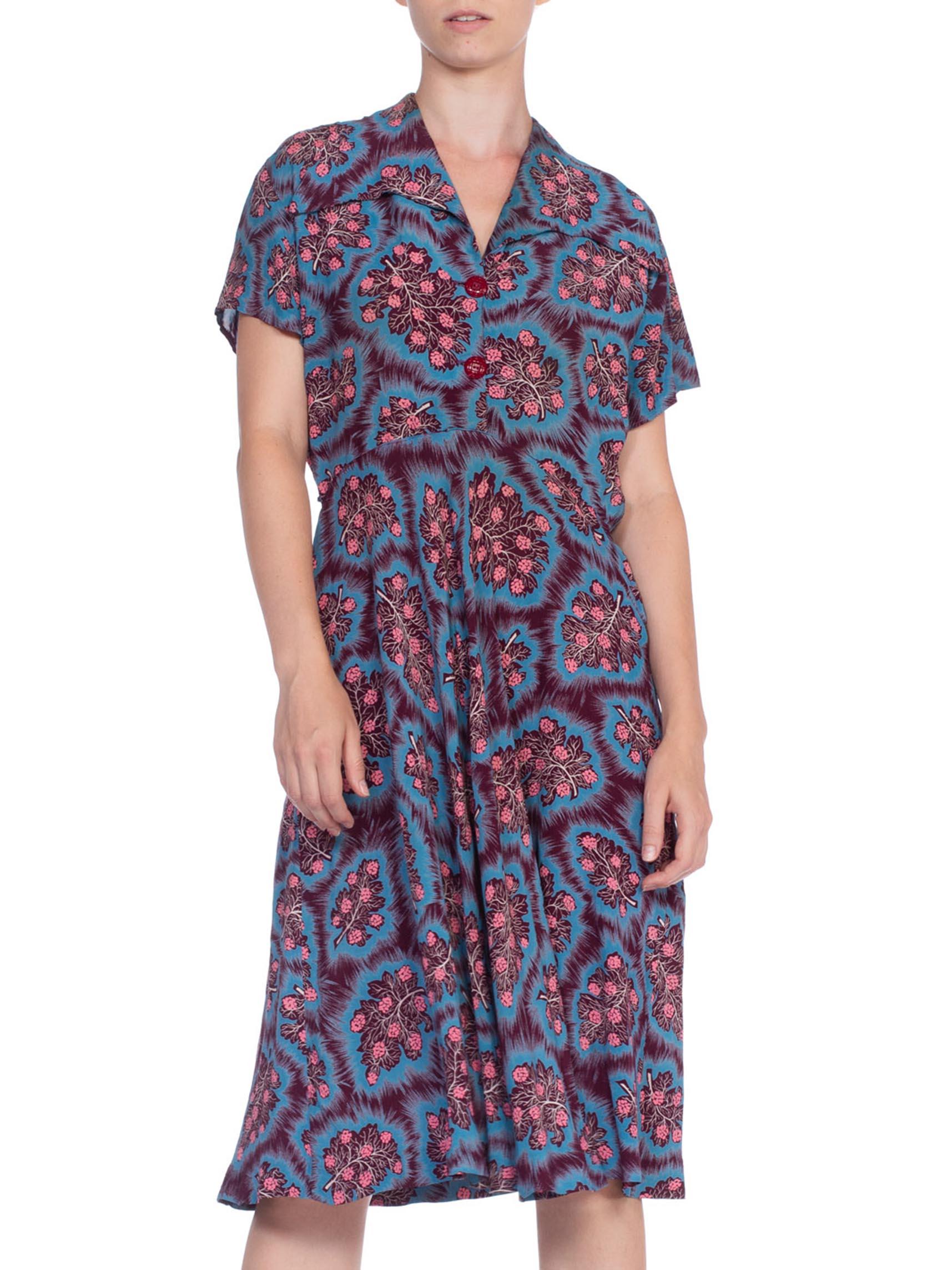 Women's 1940'S Purple & Blue Rayon Floral Printed Shirt Dress With Bias Cut Skirt For Sale