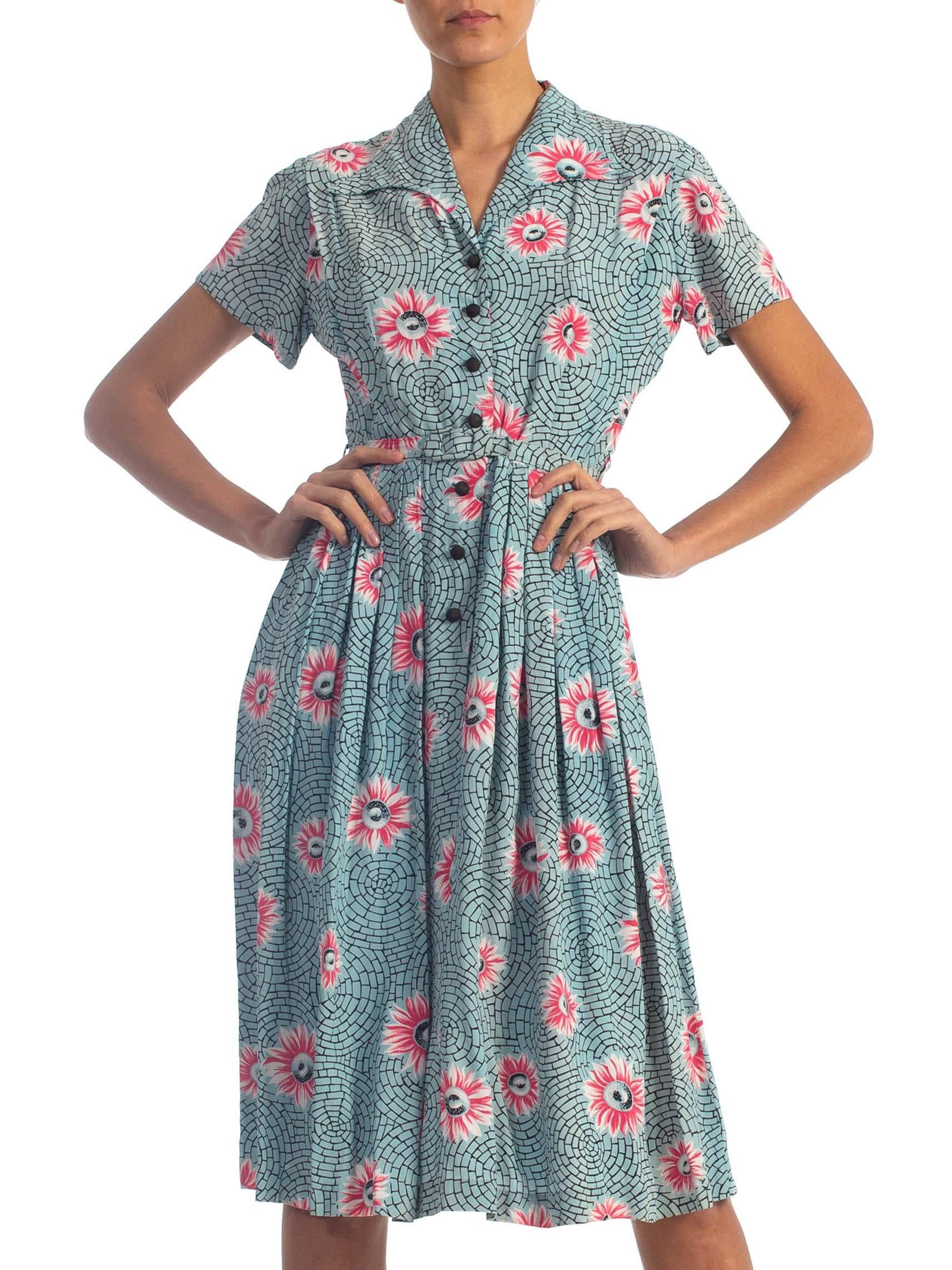 Gray 1940'S Floral Rayon Button Front Paris Paving Stone Print Dress With Belt