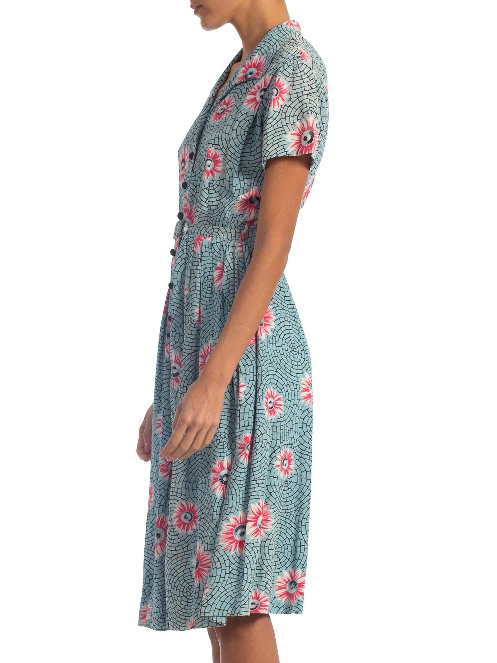 1940'S Floral Rayon Button Front Paris Paving Stone Print Dress With Belt In Excellent Condition In New York, NY