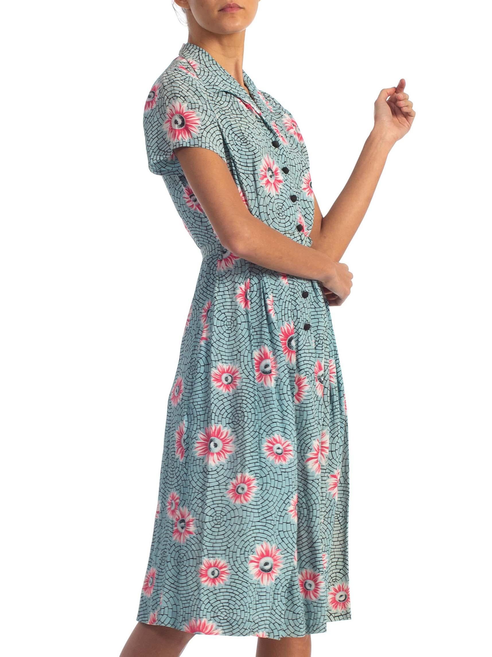 Women's 1940'S Floral Rayon Button Front Paris Paving Stone Print Dress With Belt