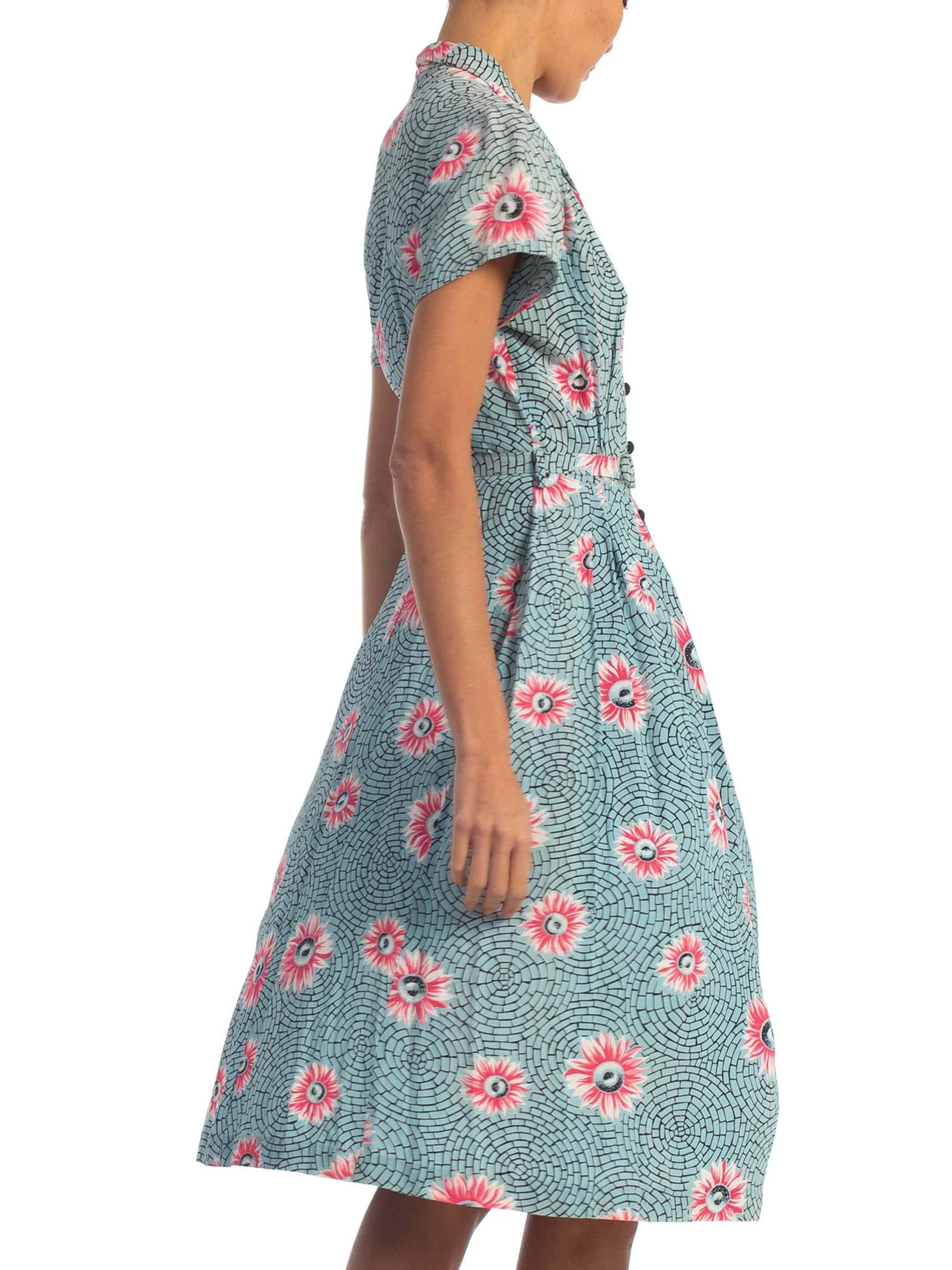 1940'S Floral Rayon Button Front Paris Paving Stone Print Dress With Belt 1