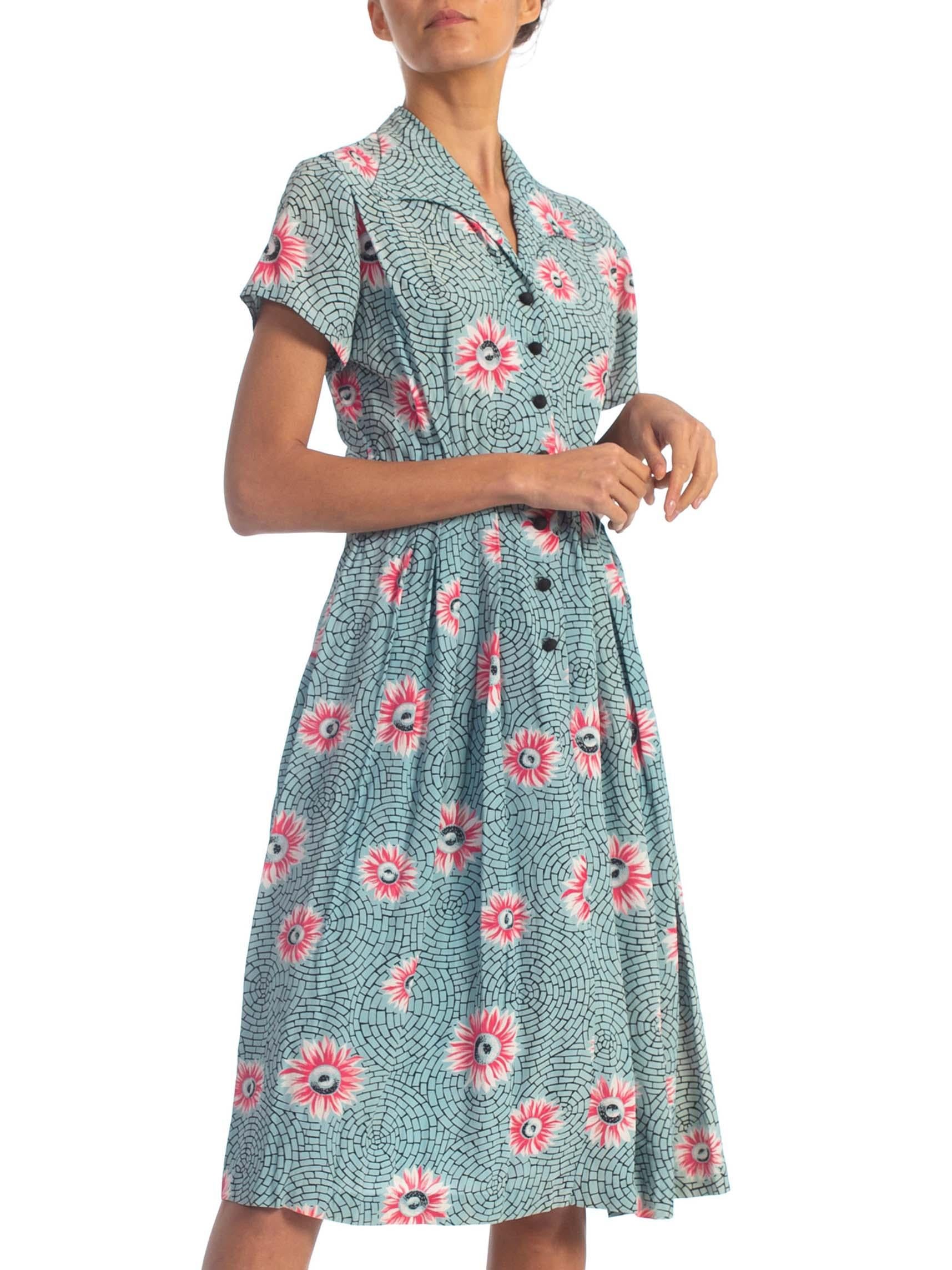 1940'S Floral Rayon Button Front Paris Paving Stone Print Dress With Belt 3