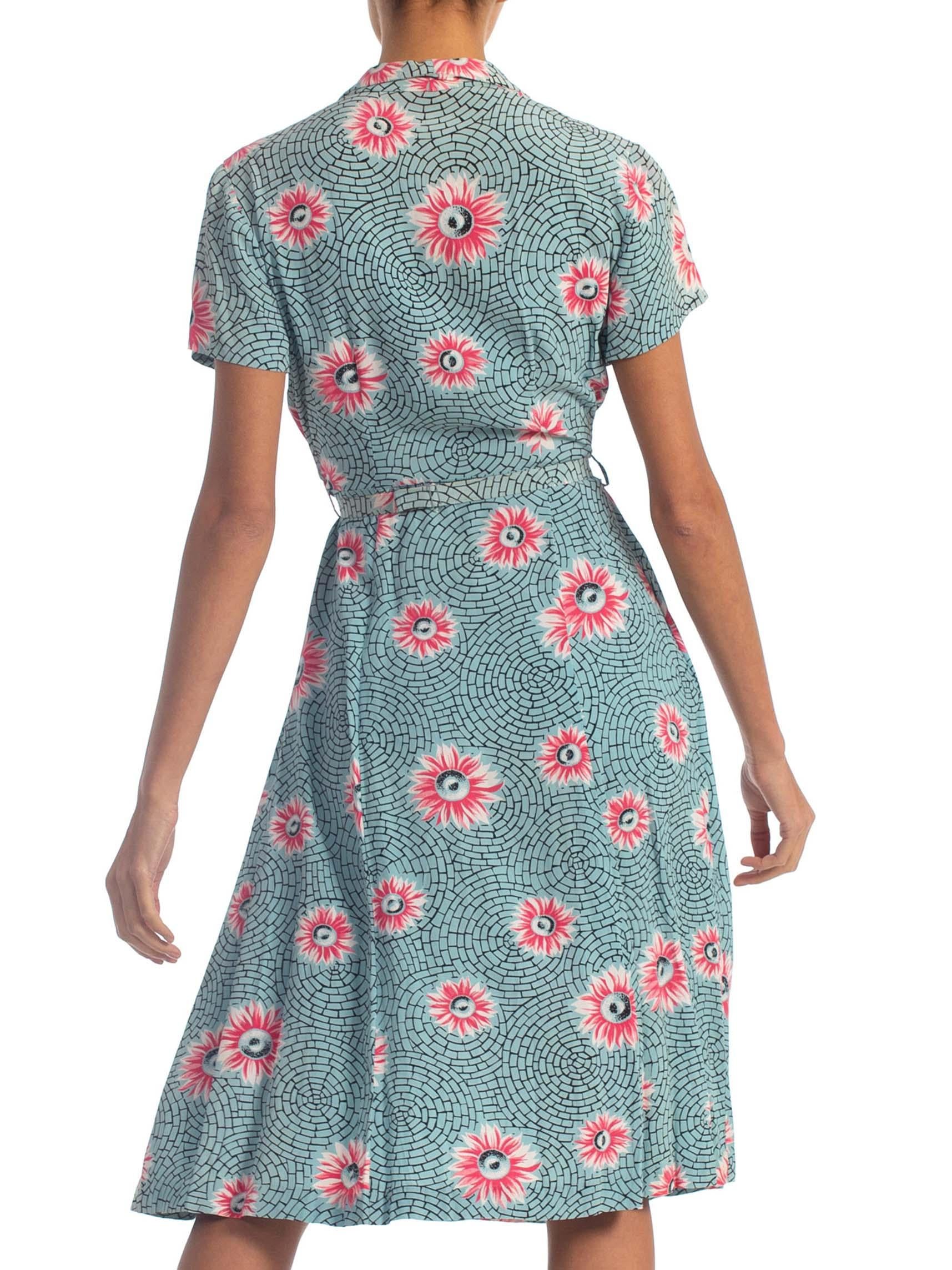 1940'S Floral Rayon Button Front Paris Paving Stone Print Dress With Belt 5