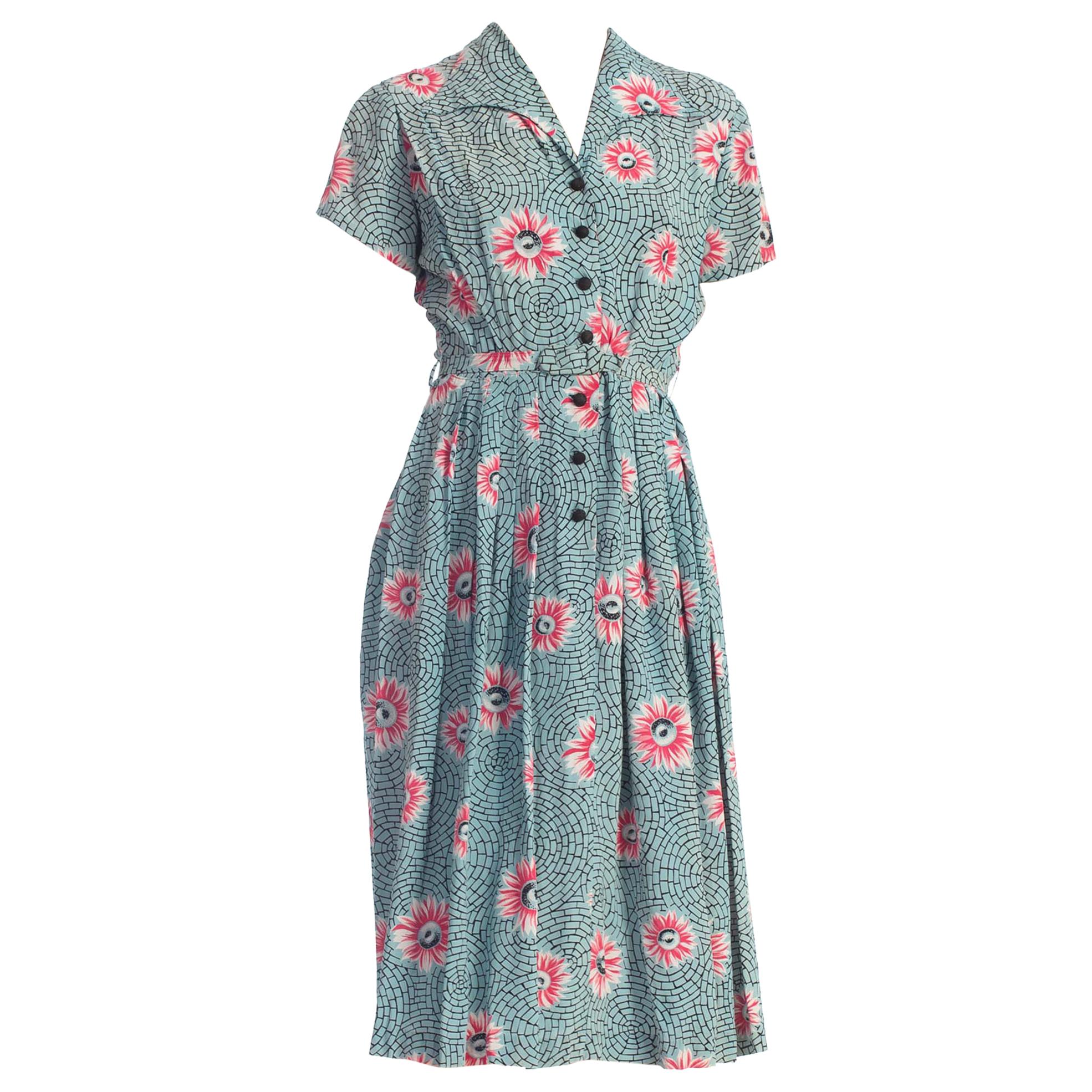 1940'S Floral Rayon Button Front Paris Paving Stone Print Dress With Belt