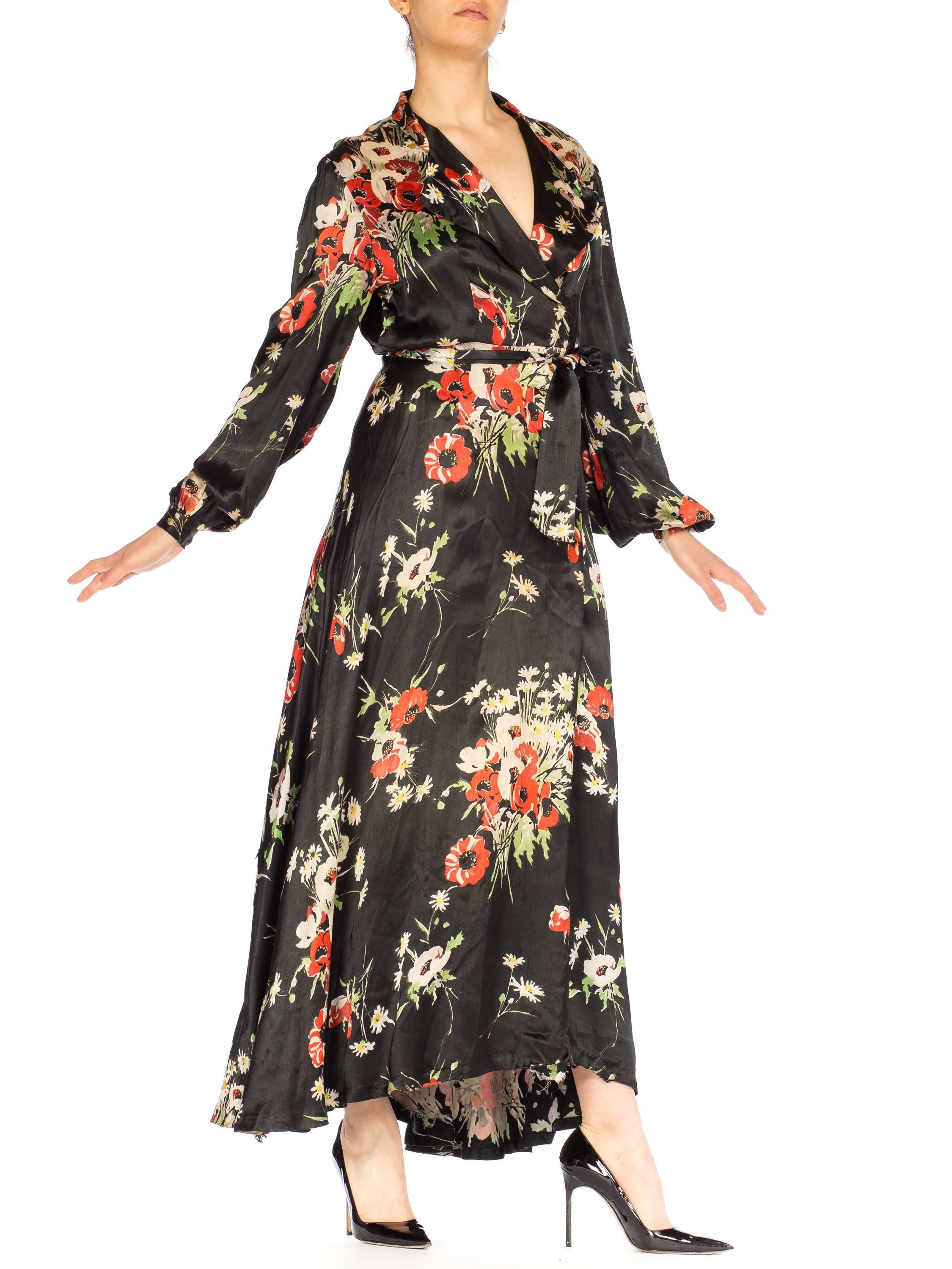 Black Floral Satin Wrap Dress Dressing Gown, 1940s