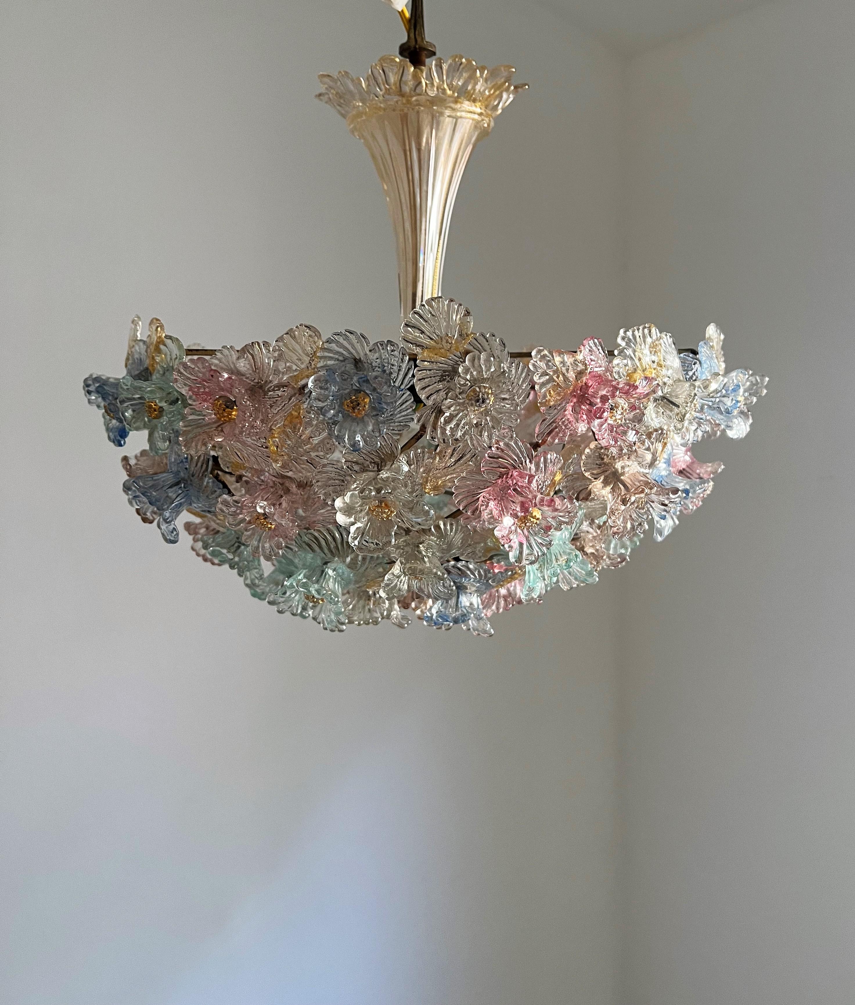 1940s FLower bascket Murano Glass Chandelier Attributed to Barovier & Toso 4
