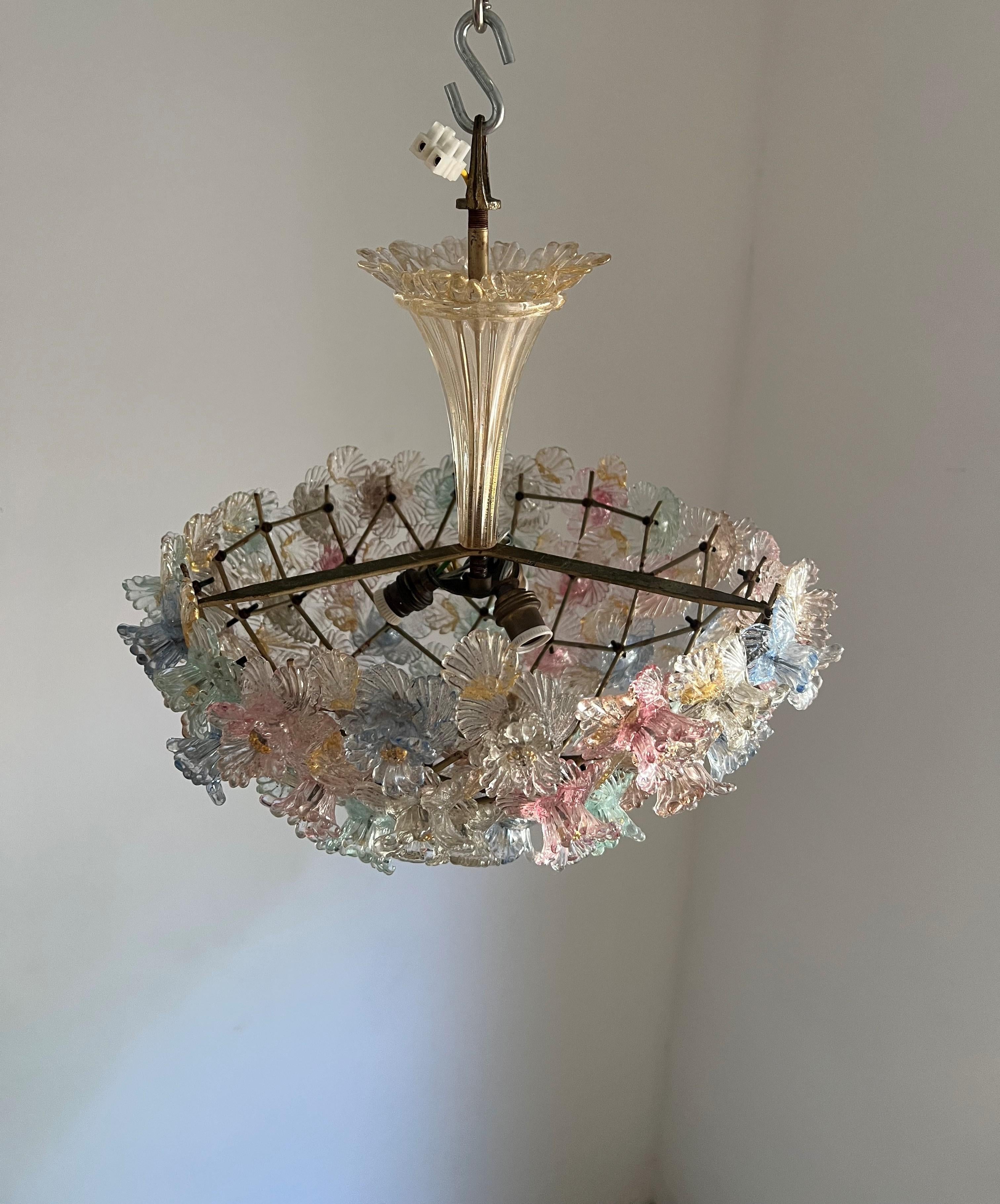 1940s FLower bascket Murano Glass Chandelier Attributed to Barovier & Toso 5