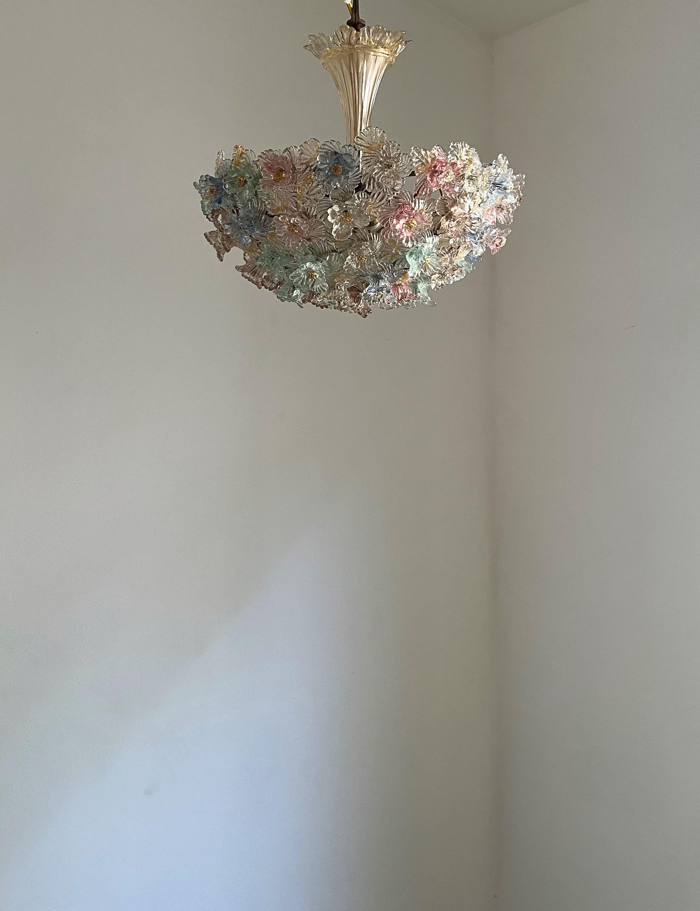 Art Deco 1940s FLower bascket Murano Glass Chandelier Attributed to Barovier & Toso