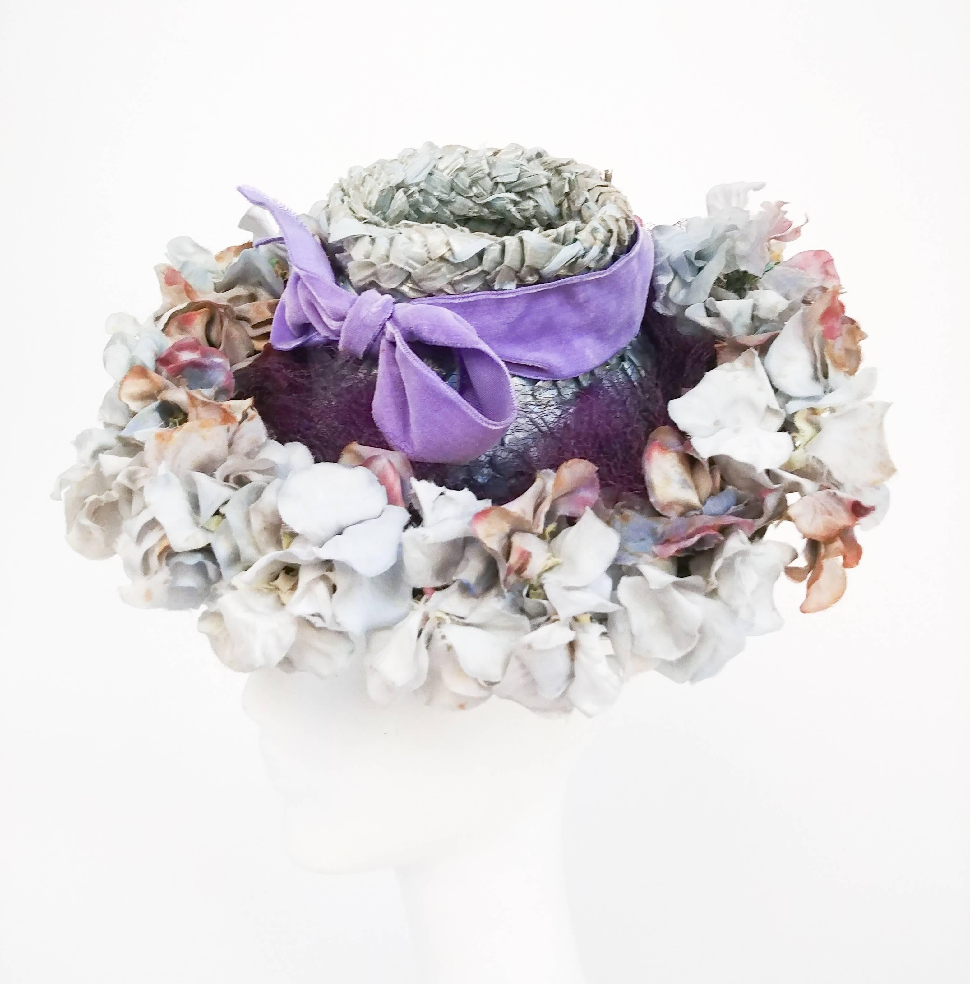 Gray Flower Hat with Lavender Velvet Ribbon, 1940s 