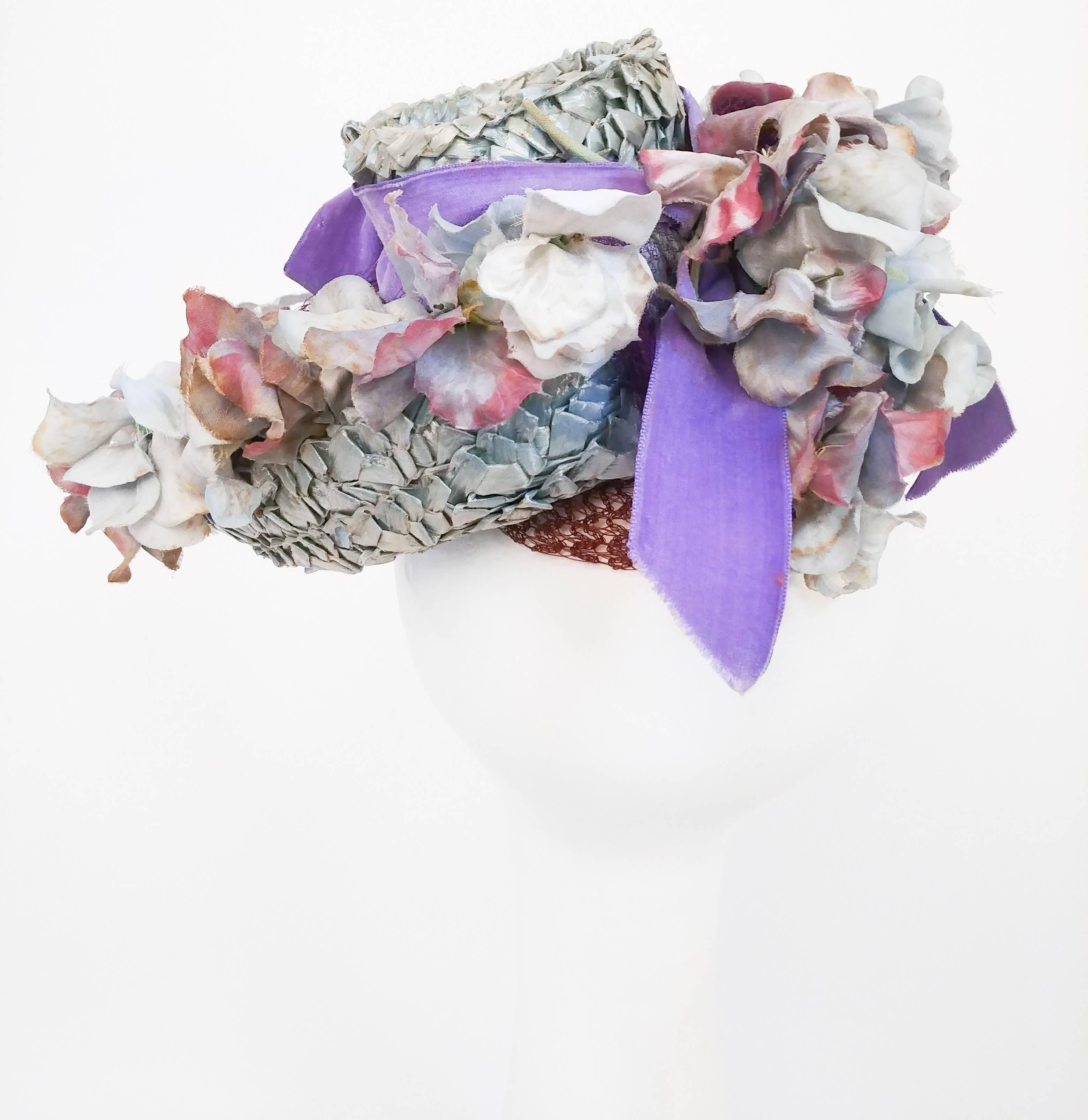 Flower Hat with Lavender Velvet Ribbon, 1940s  In Good Condition In San Francisco, CA