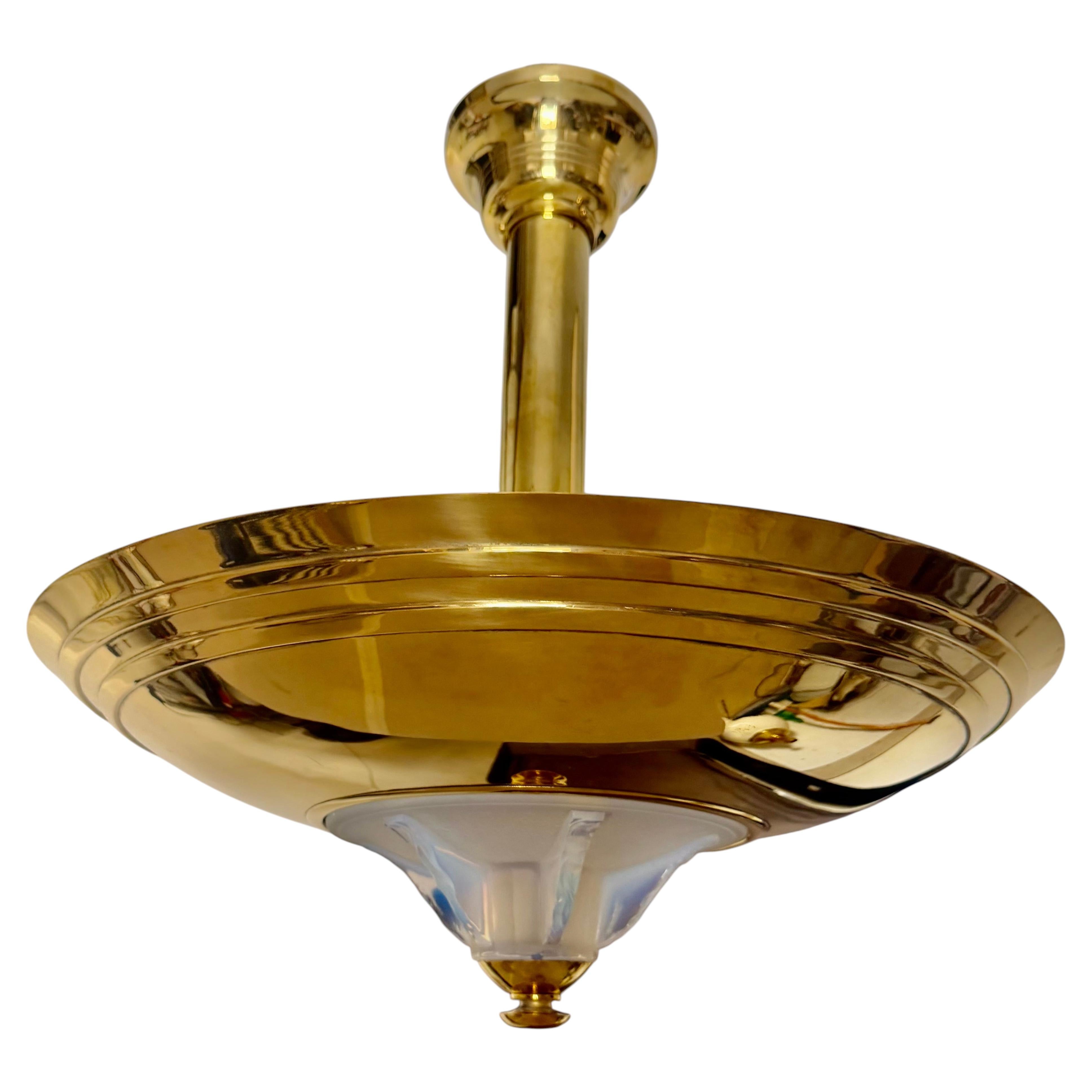 Art Deco Flush Mount chandelier Brass and Molded Glass For Sale