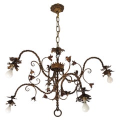 1940s Foliage Floral Chandelier / Ceiling Light in Gilt Wrought Iron, Six Lights