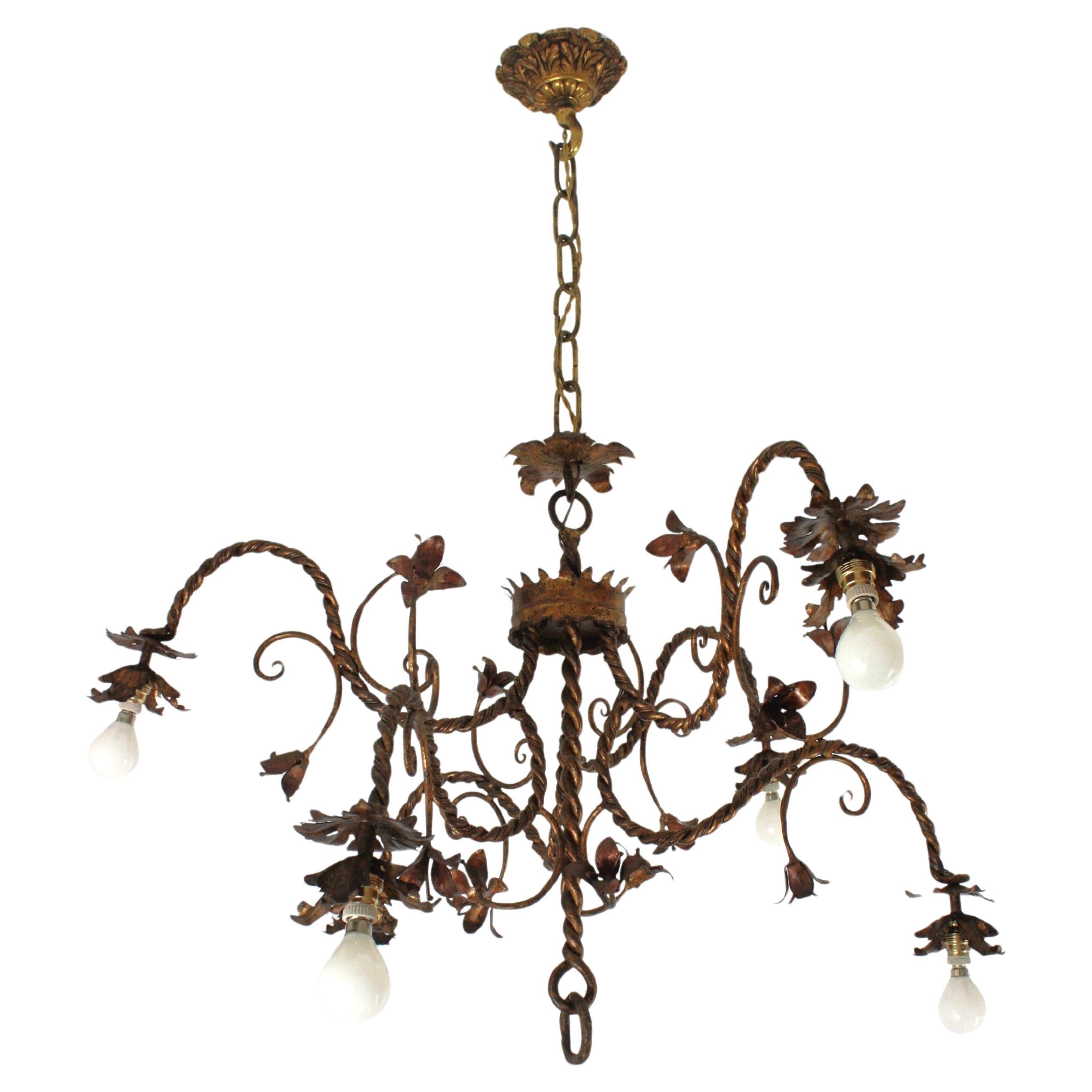 1940s Foliage Floral Chandelier / Ceiling Light in Gilt Wrought Iron, Six Lights