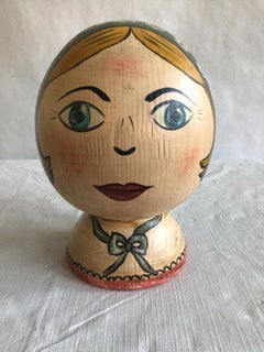 1940s Folk Art Painted Head of A Woman On Turned Wooden Finial