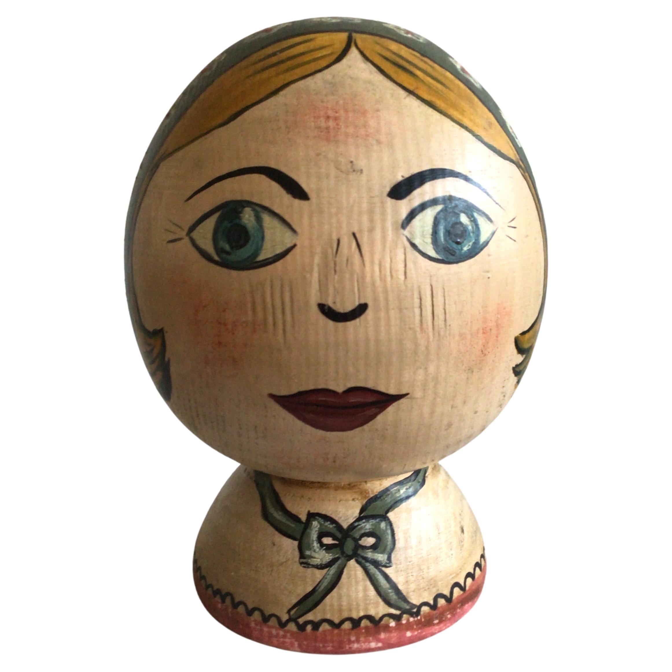 1940s Folk Art Pintado Cabeza de una Mujer en madera torneada Finial