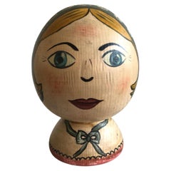 1940s Folk Art Painted Head of A Woman On Turned Wooden Finial