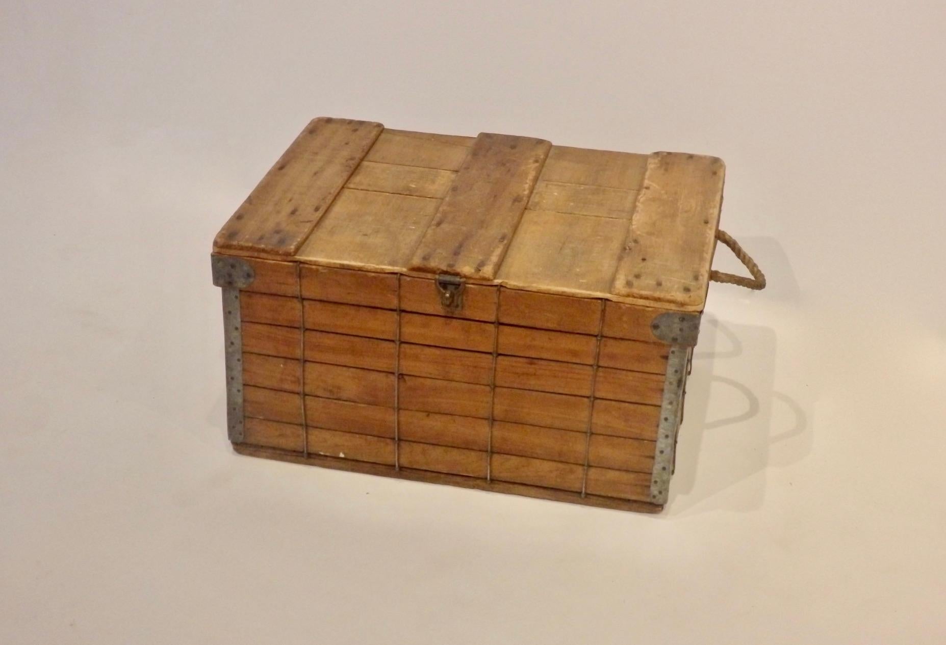 American 1940s Folk Art Wire with Slatted Wood Lidded Box or Storage Trunk For Sale