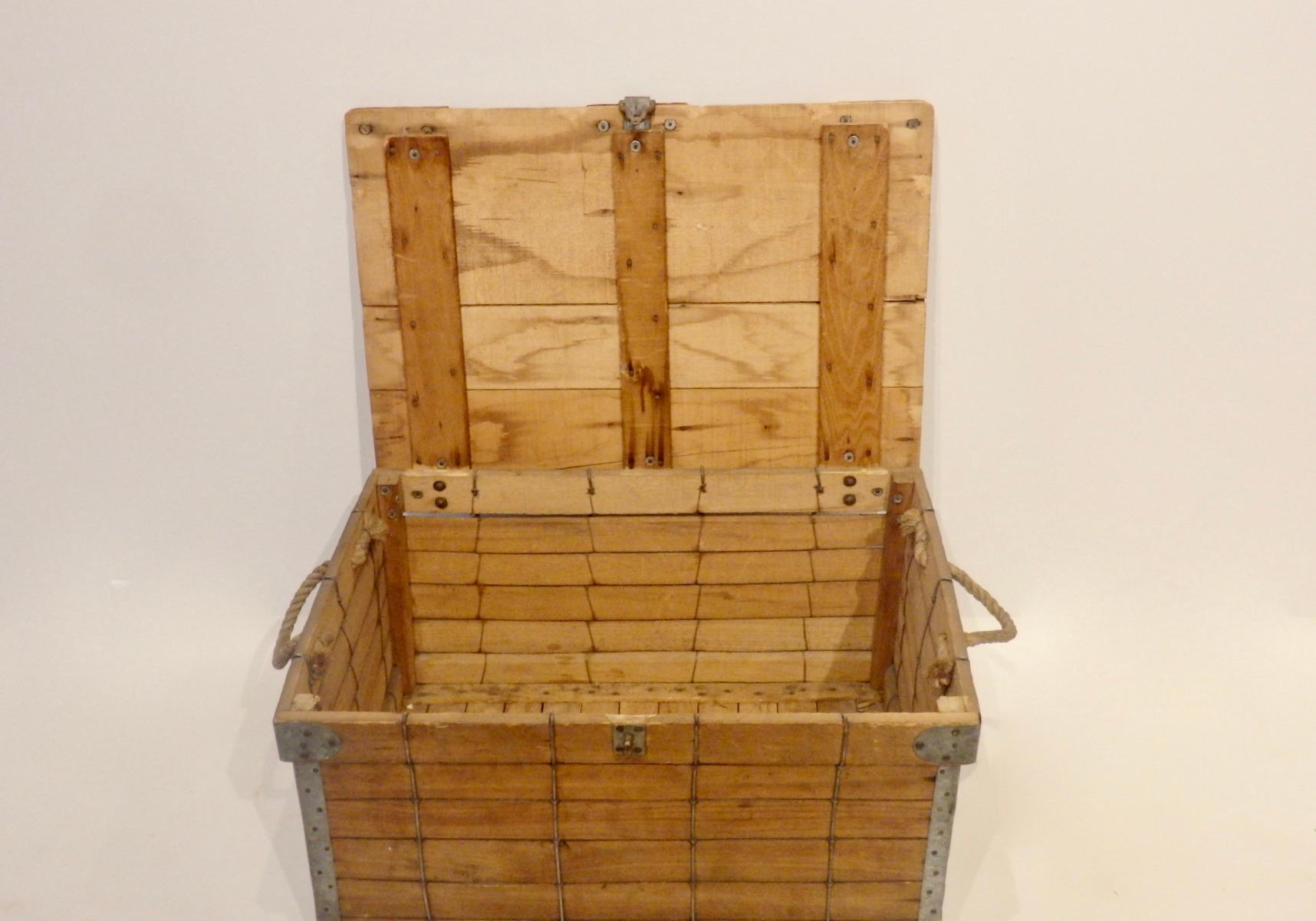Hand-Crafted 1940s Folk Art Wire with Slatted Wood Lidded Box or Storage Trunk For Sale