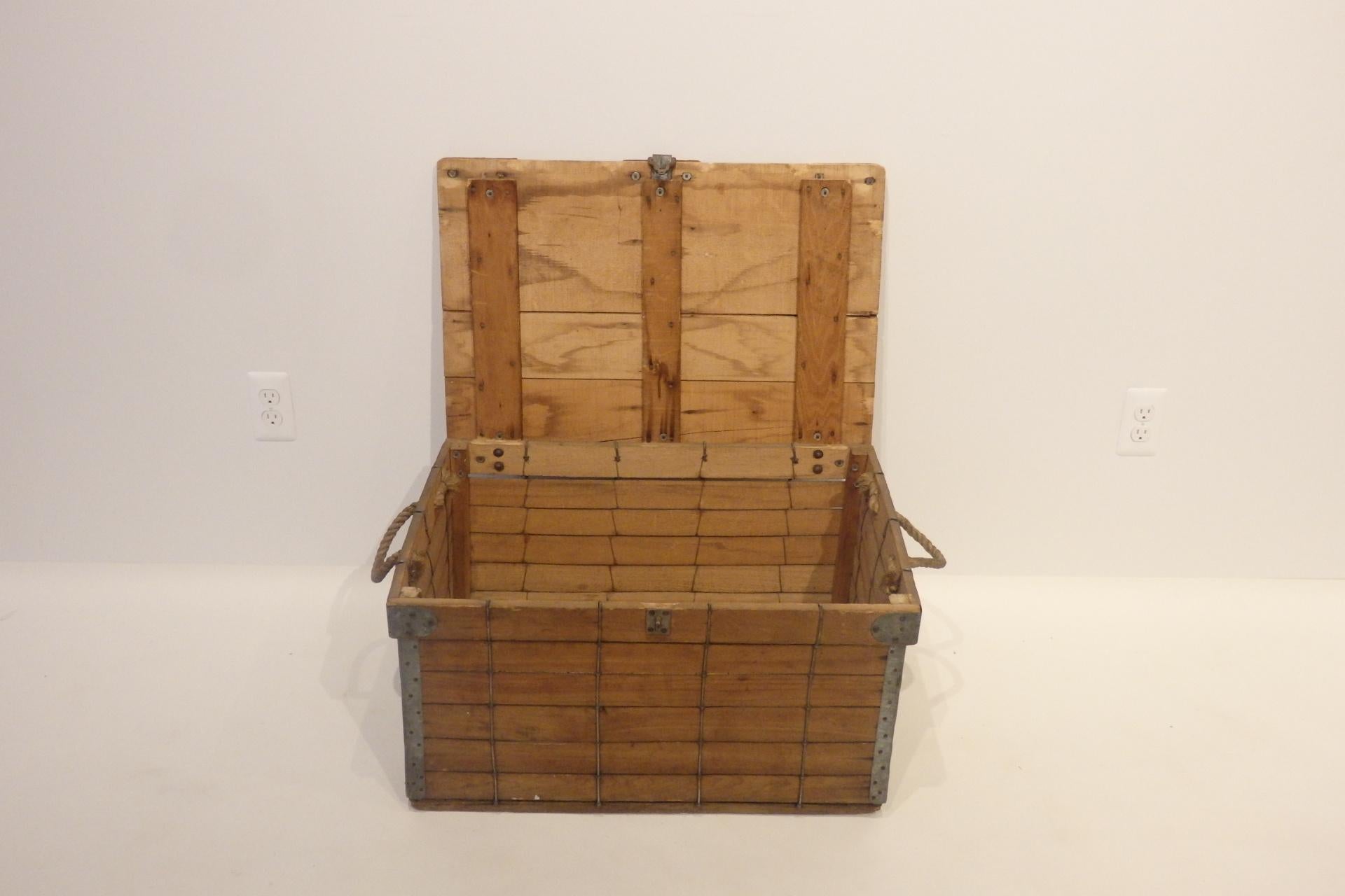 1940s Folk Art Wire with Slatted Wood Lidded Box or Storage Trunk In Good Condition For Sale In Ferndale, MI