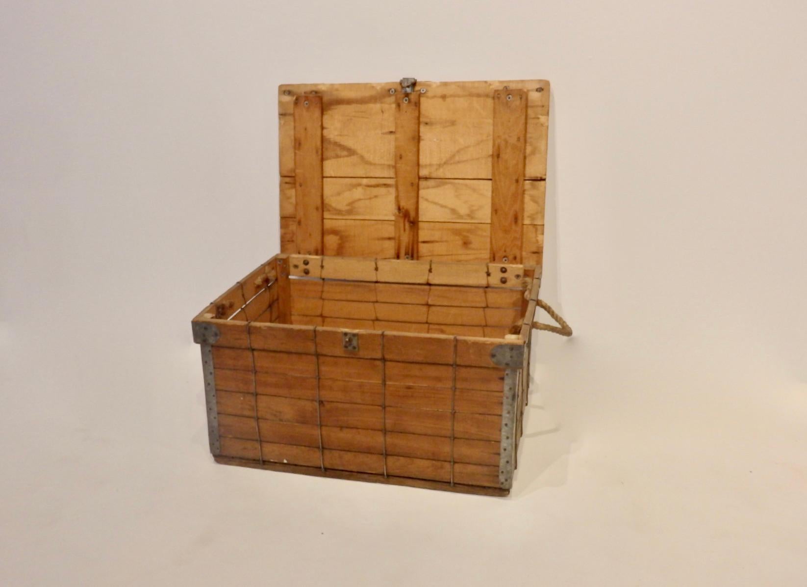 20th Century 1940s Folk Art Wire with Slatted Wood Lidded Box or Storage Trunk For Sale