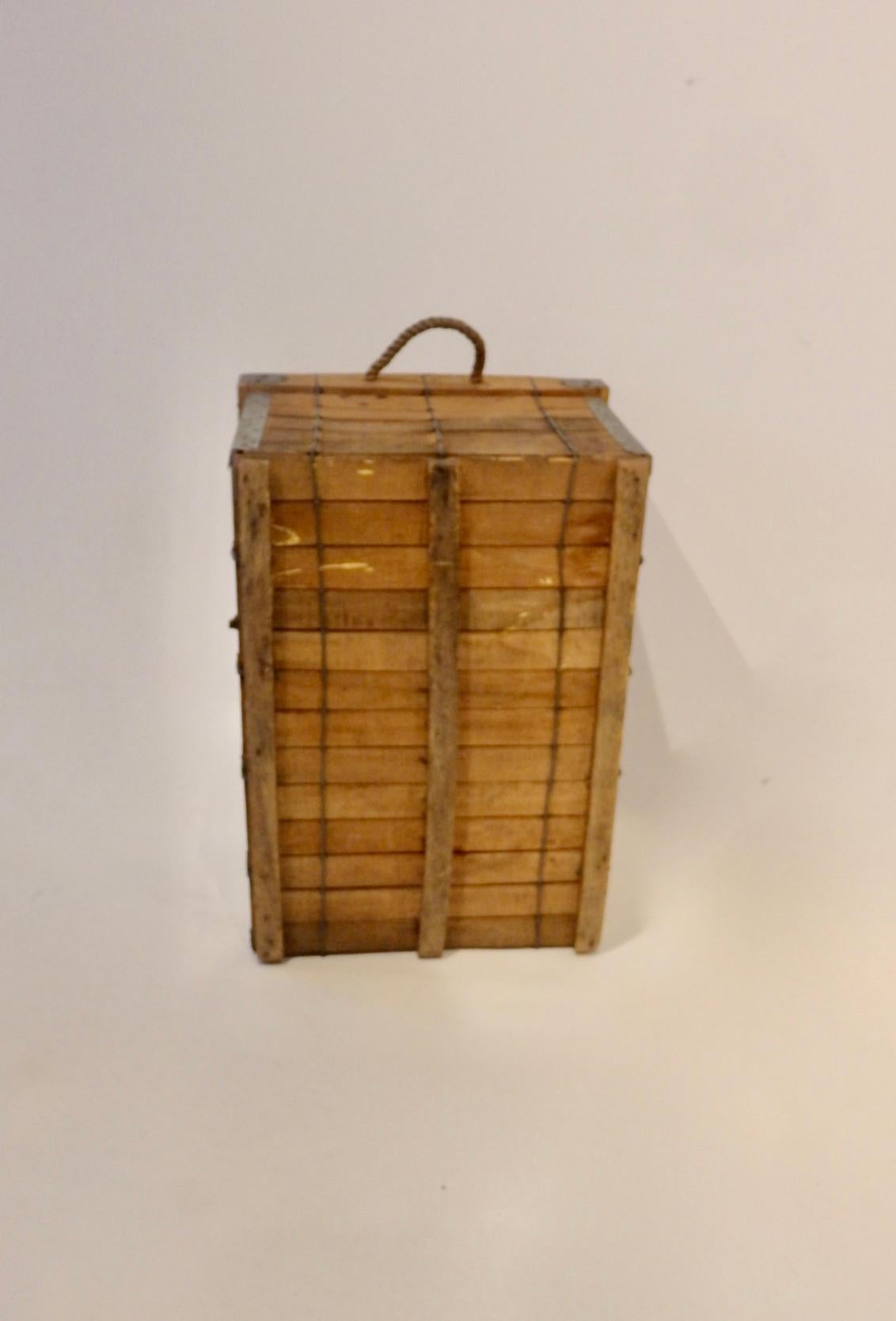 1940s Folk Art Wire with Slatted Wood Lidded Box or Storage Trunk For Sale 1