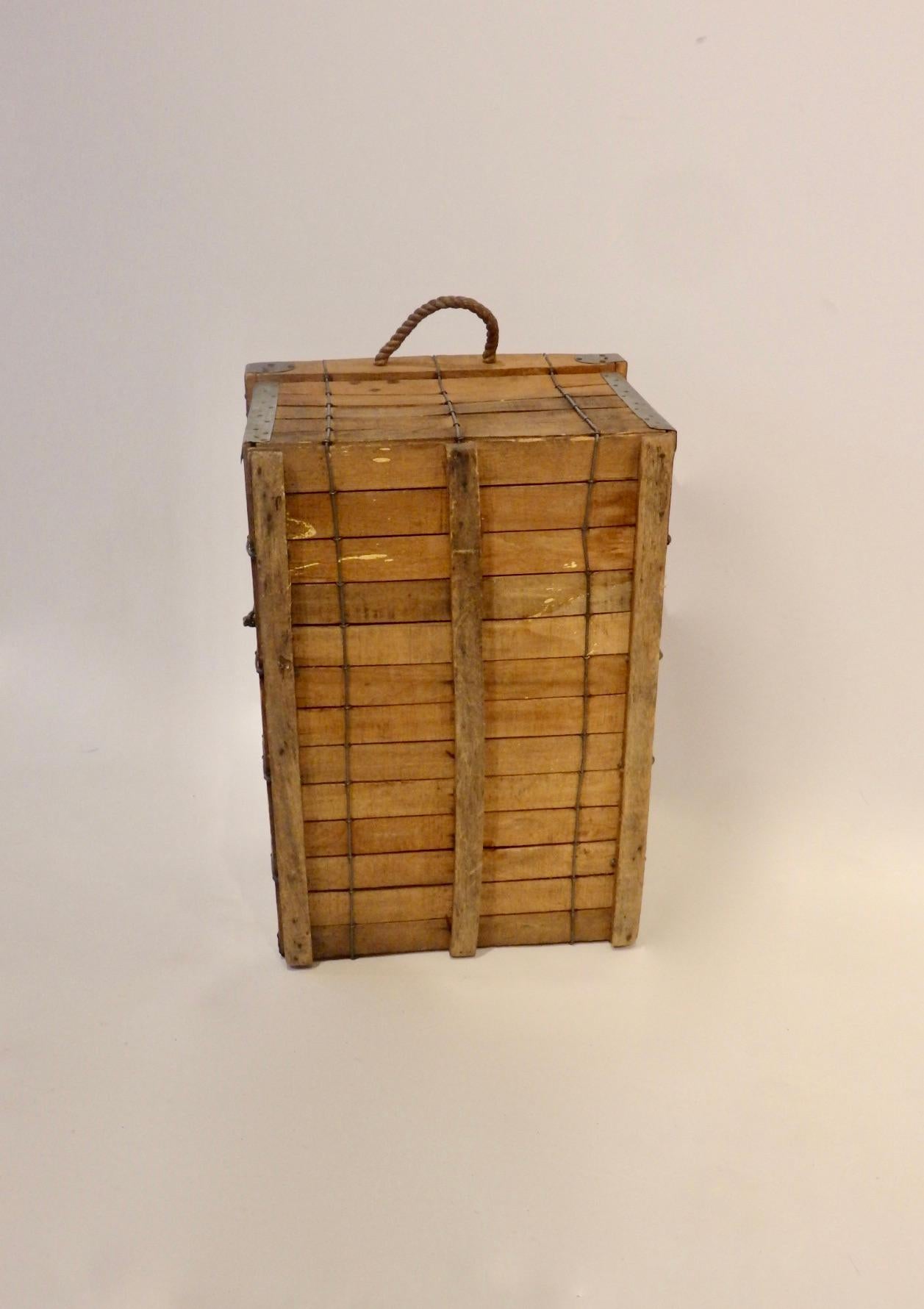 1940s Folk Art Wire with Slatted Wood Lidded Box or Storage Trunk For Sale 2