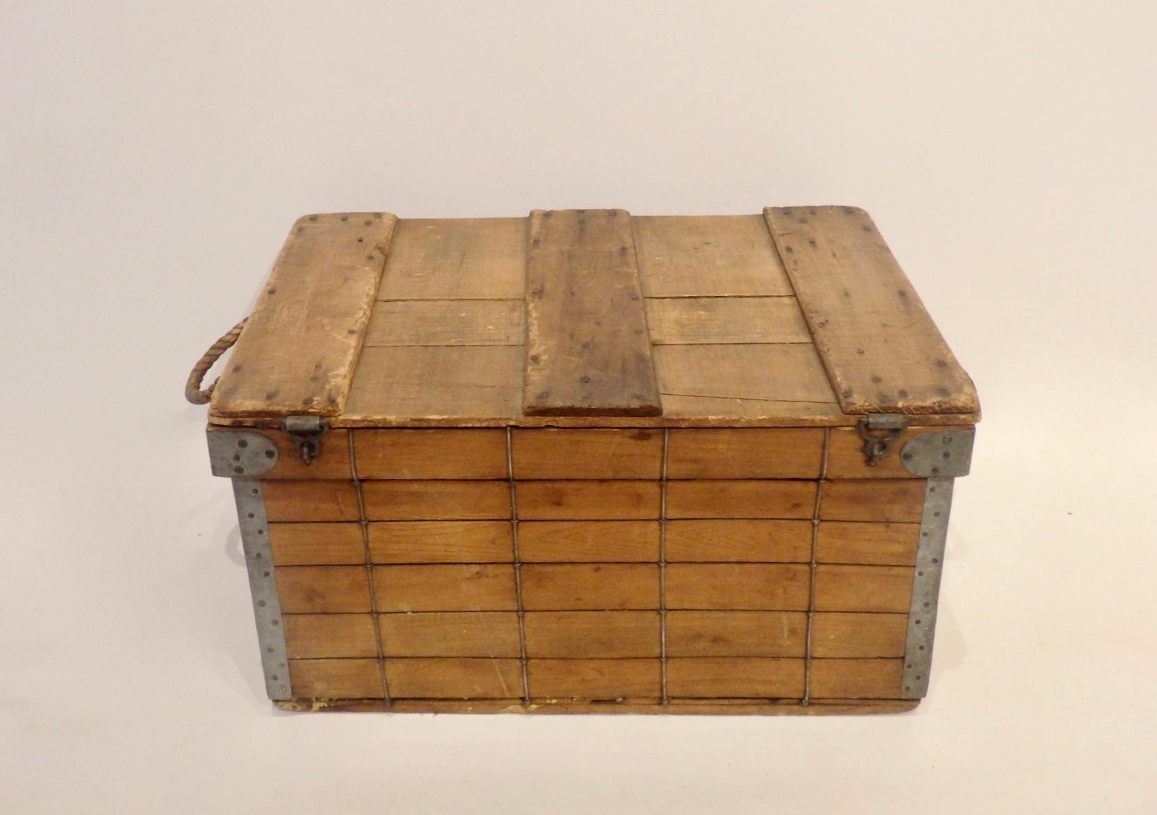1940s Folk Art Wire with Slatted Wood Lidded Box or Storage Trunk For Sale 3