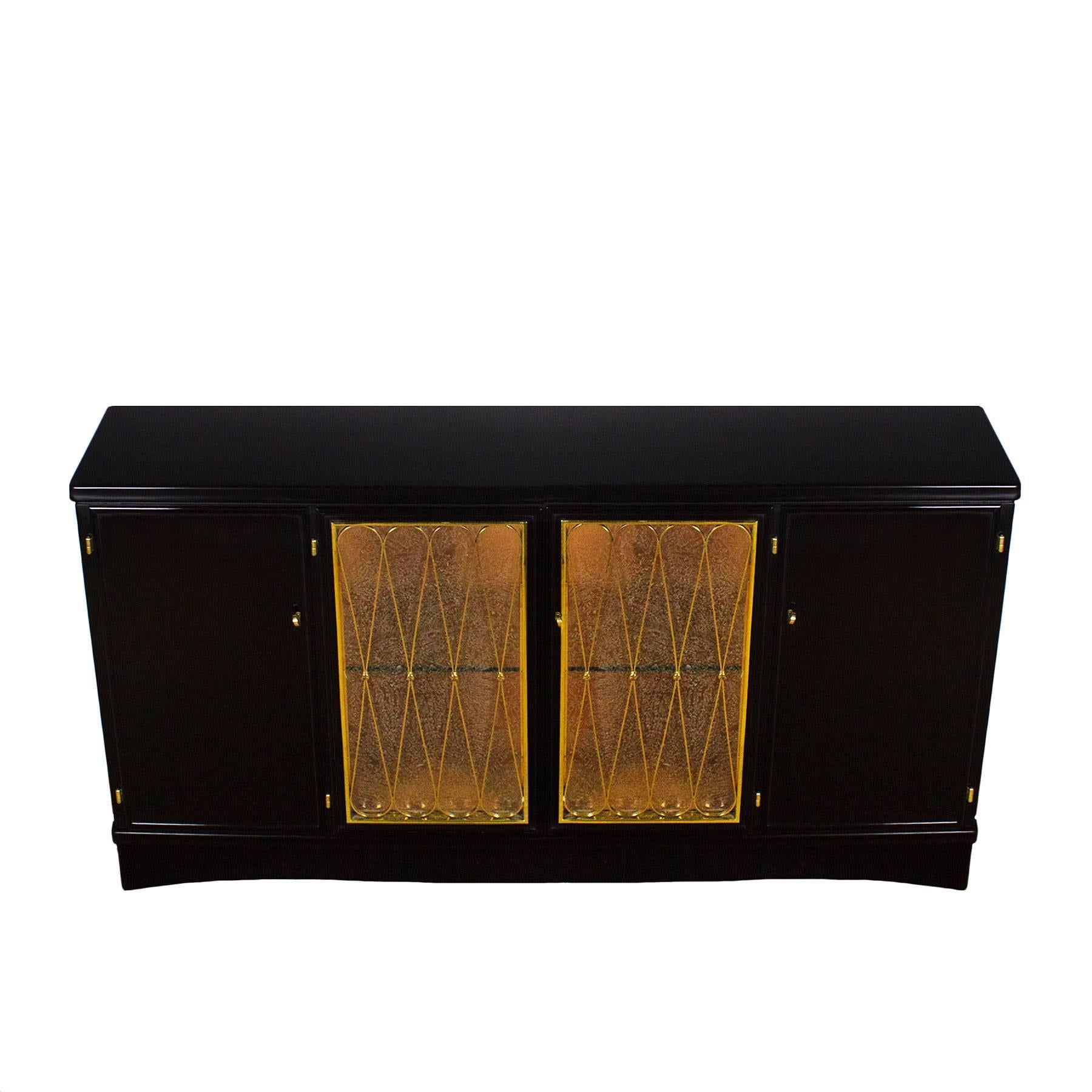 Italian Mid-Century Modern Four-Door Sideboard, Stained Walnut, Glass - Italy For Sale
