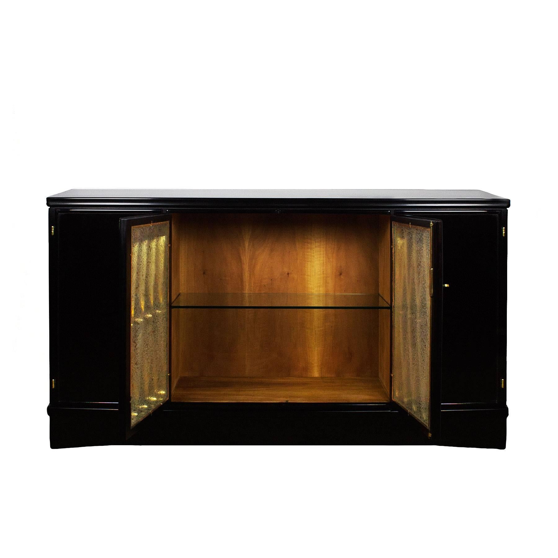 Polished Mid-Century Modern Four-Door Sideboard, Stained Walnut, Glass - Italy For Sale