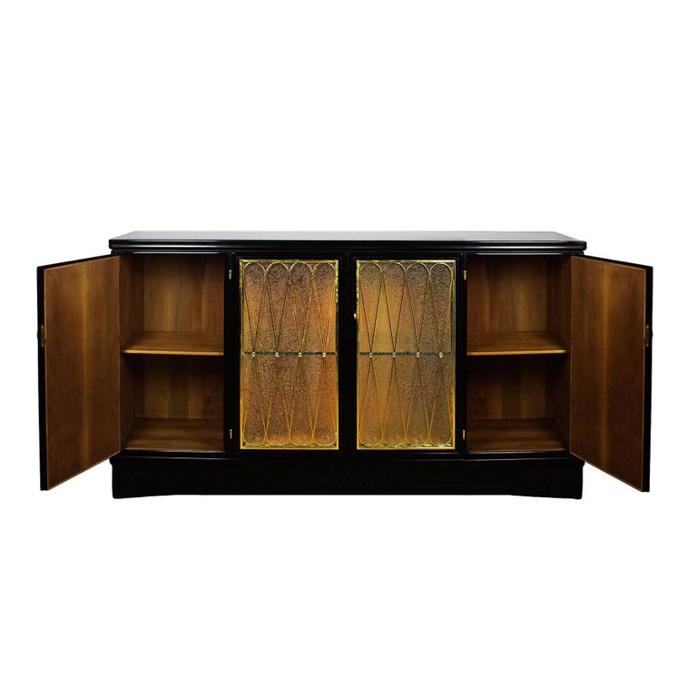Polished 1940s Four Doors Sideboard, Stained Walnut, Brass Railings, Glass, Italy For Sale
