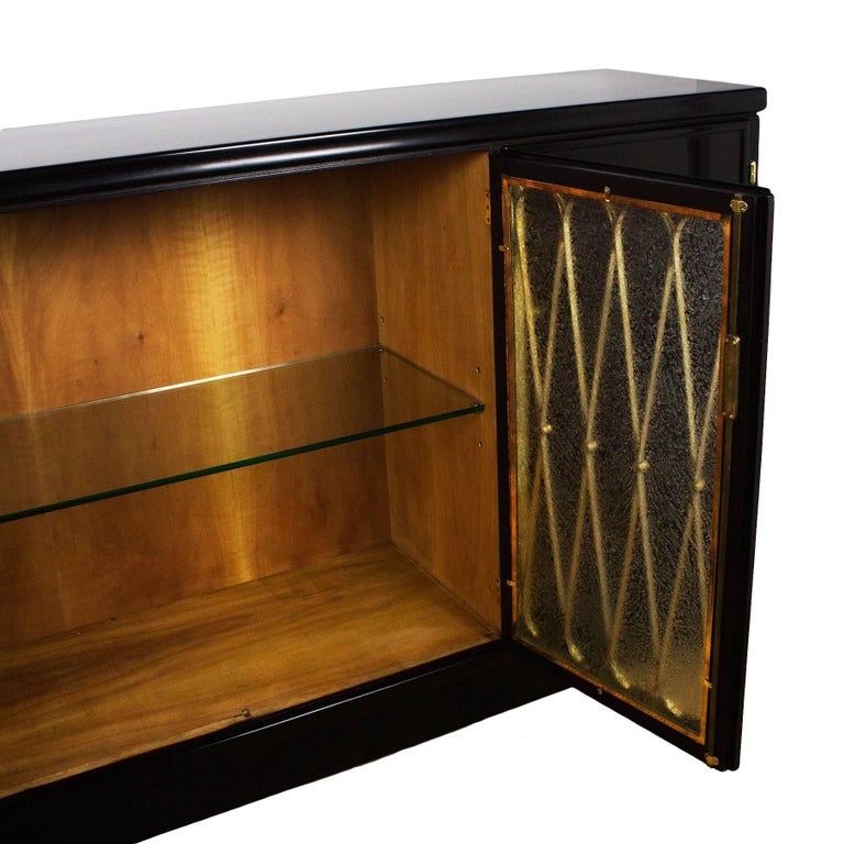 1940s Four Doors Sideboard, Stained Walnut, Brass Railings, Glass, Italy In Good Condition For Sale In Girona, ES