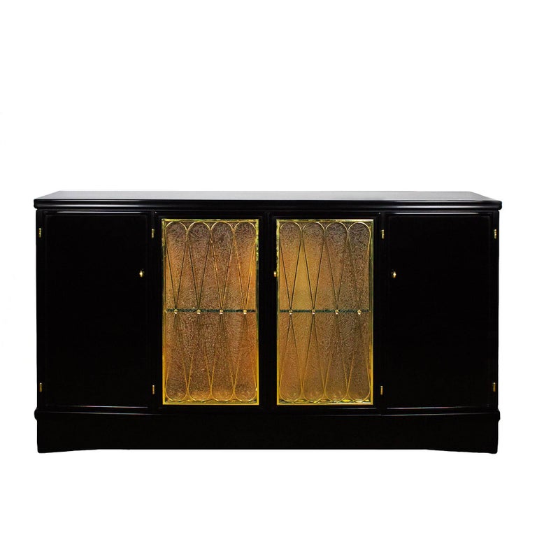 1940s Four Doors Sideboard, Stained Walnut, Brass Railings, Glass, Italy For Sale