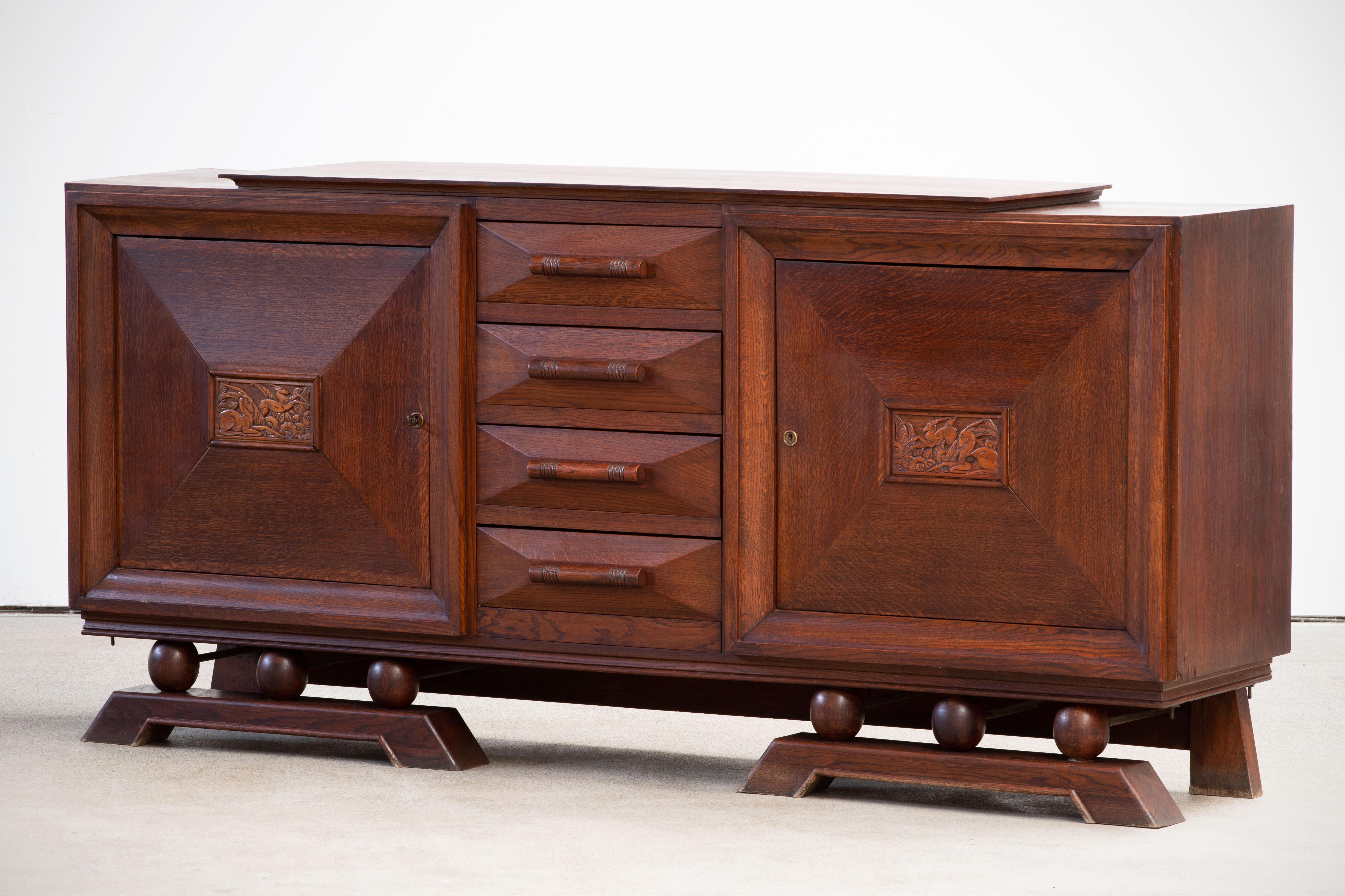 1940s France Brutalist Solid Oak Sideboard, Art Deco Credenza 3