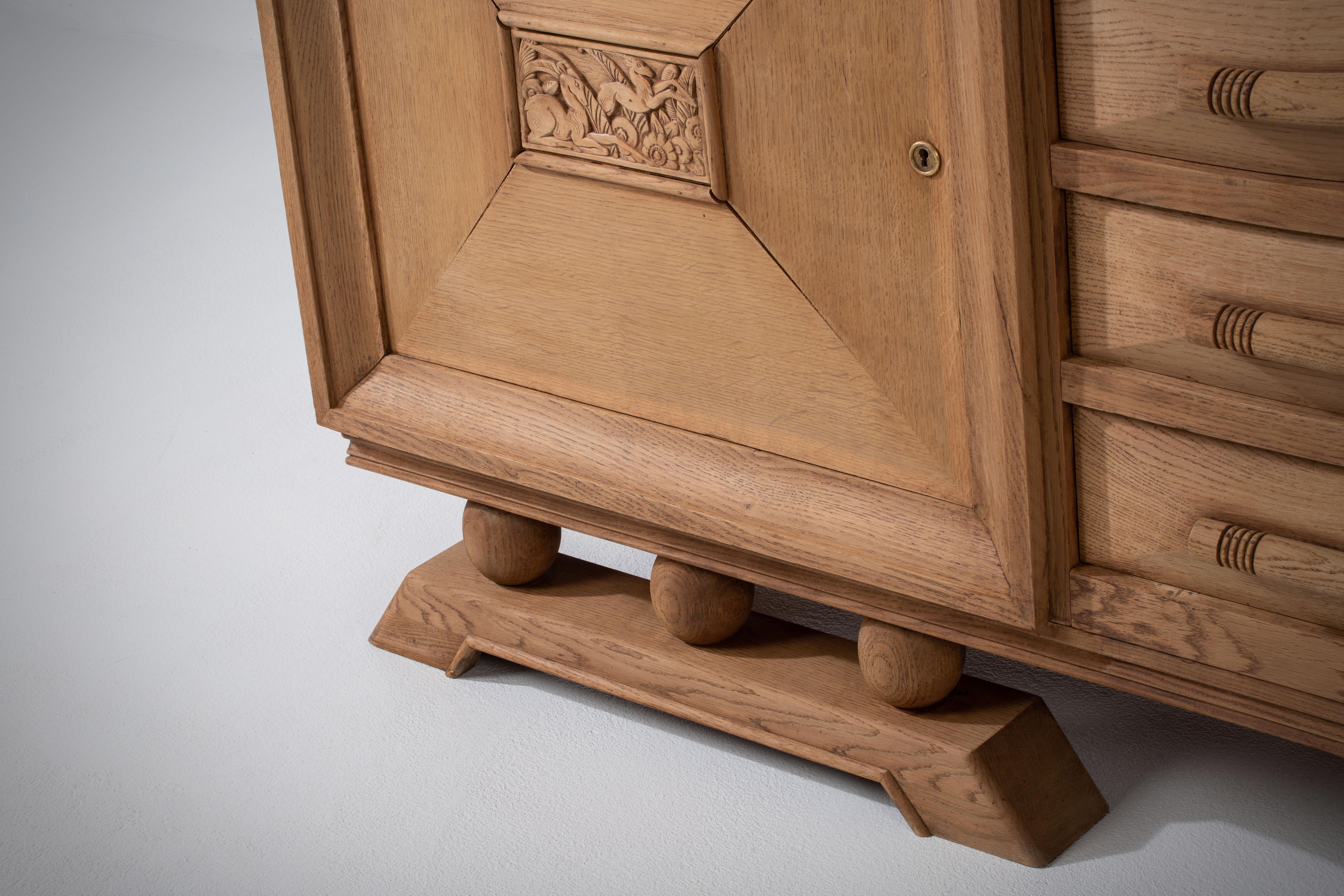 1940s France Brutalist Solid Oak Sideboard, Art Deco Credenza For Sale 10