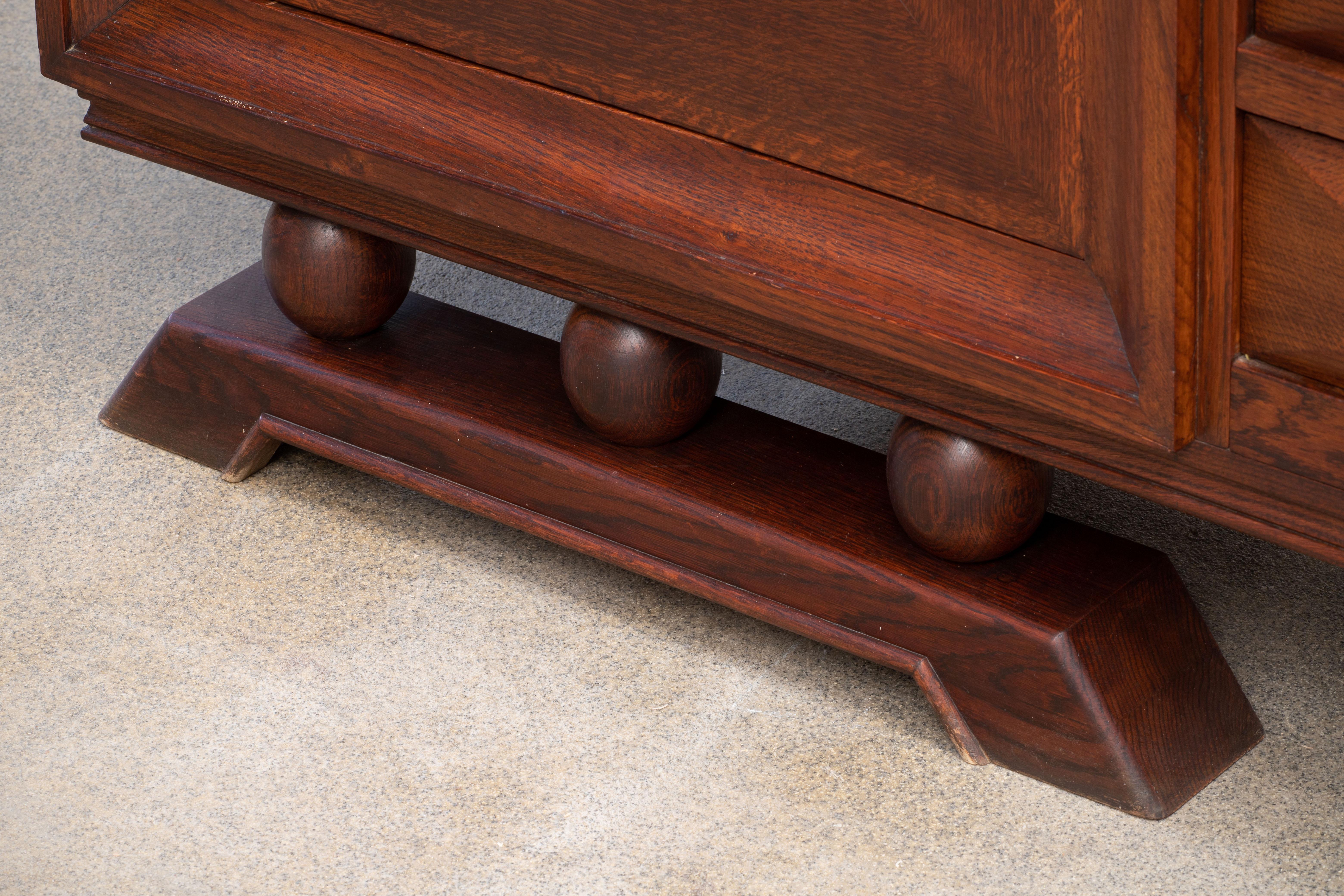 French 1940s France Brutalist Solid Oak Sideboard, Art Deco Credenza